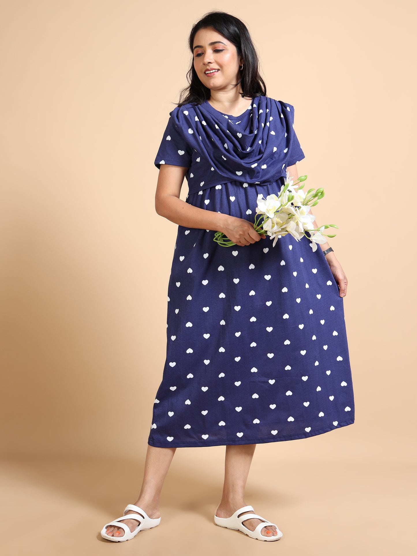Zipless Feeding Maternity Gown with Attached Dupatta-Navy Blue with White Heart Print