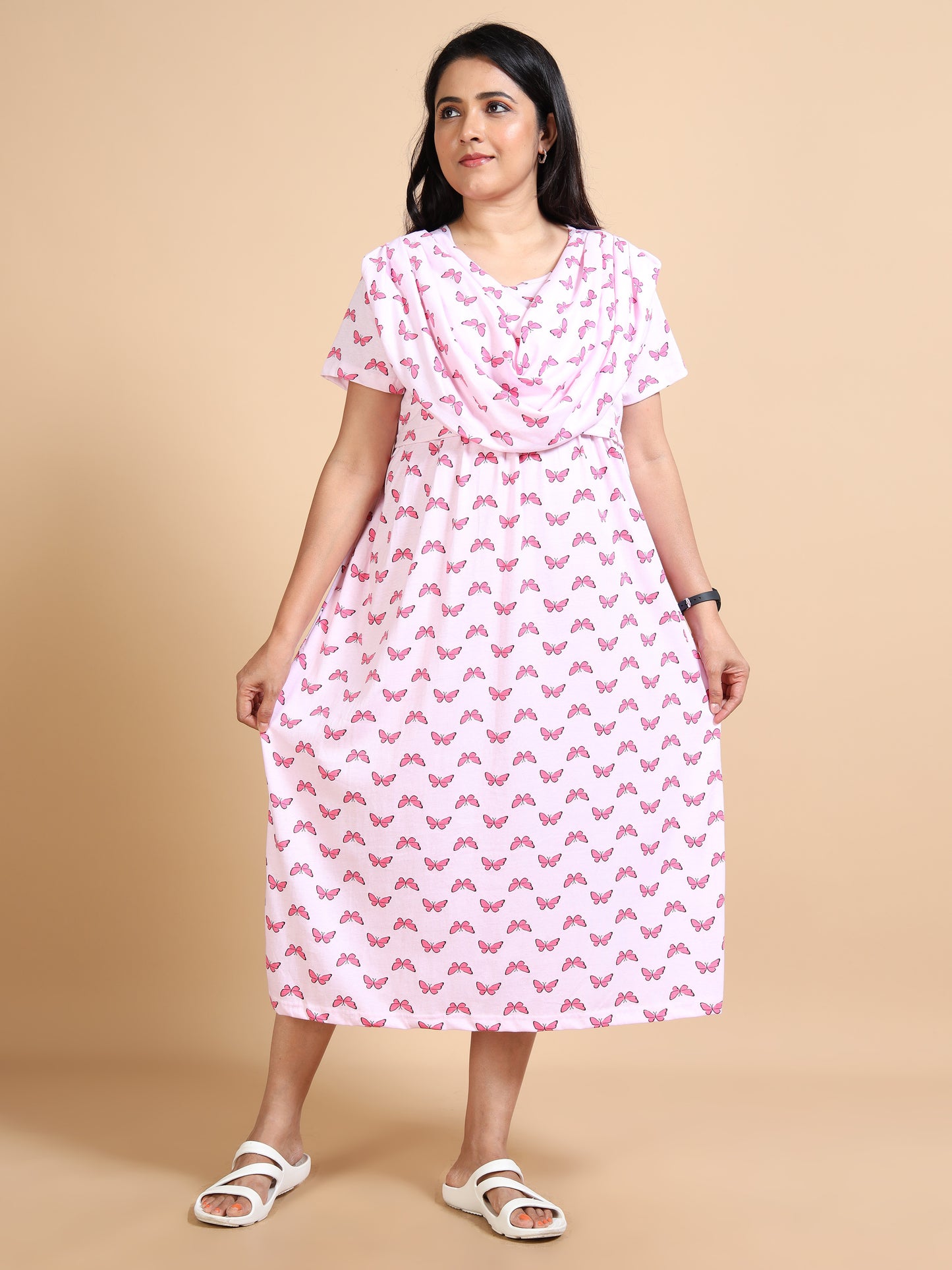 Zipless Feeding Maternity Gown with Attached Dupatta-Baby Pink with Pink Butterfly Print