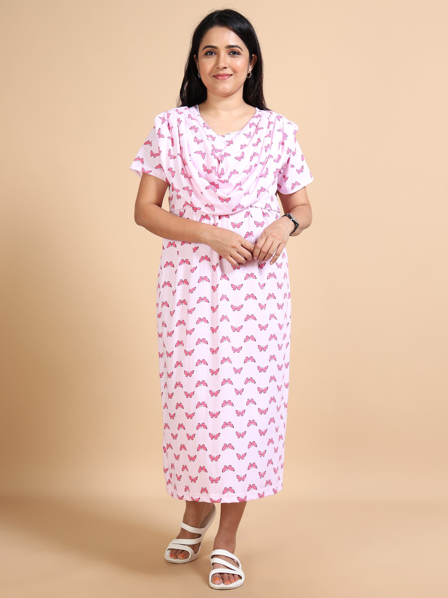 Zipless Feeding Maternity Gown with Attached Dupatta-Baby Pink with Pink Butterfly Print