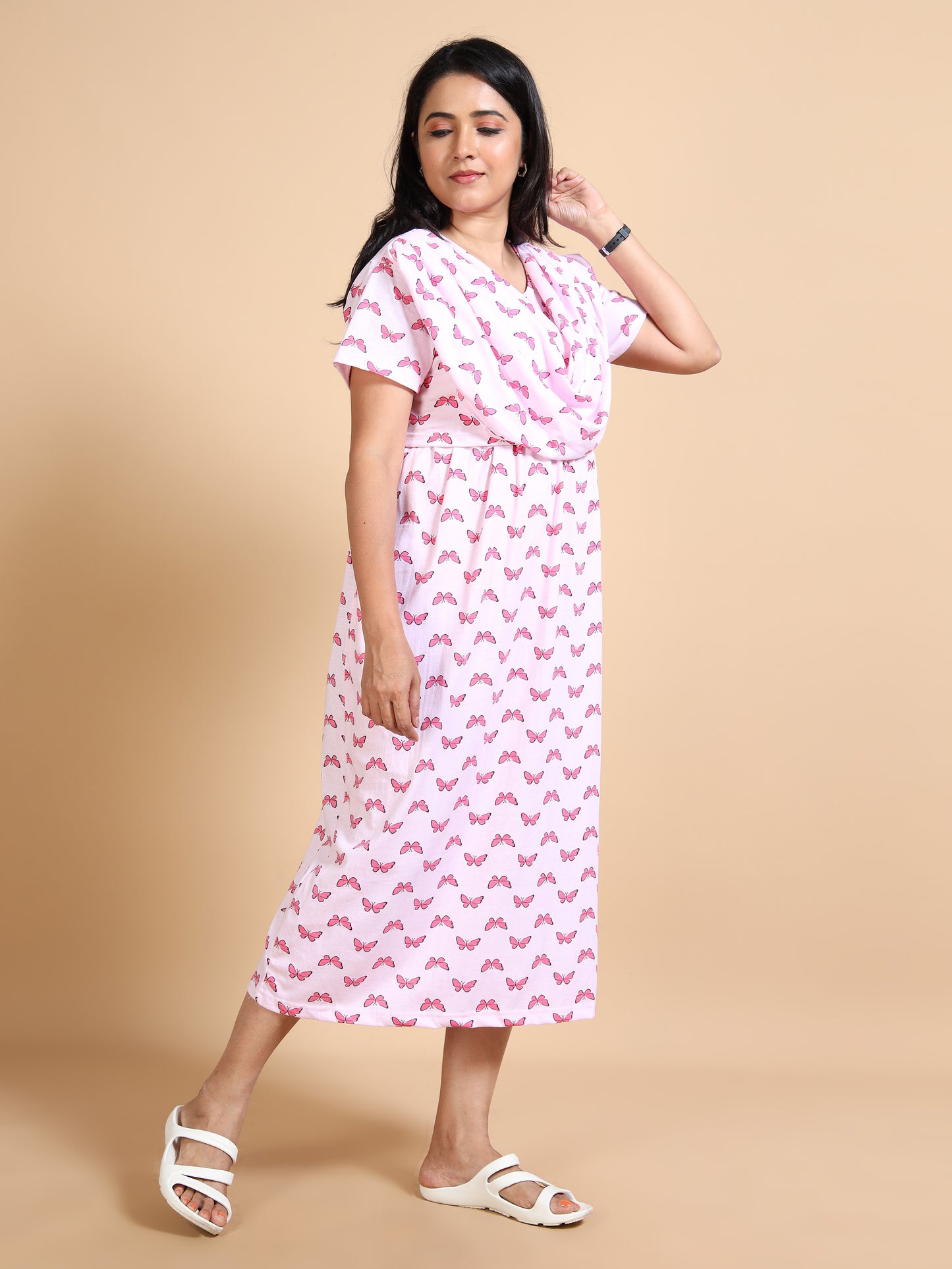 Zipless Feeding Maternity Gown with Attached Dupatta-Baby Pink with Pink Butterfly Print