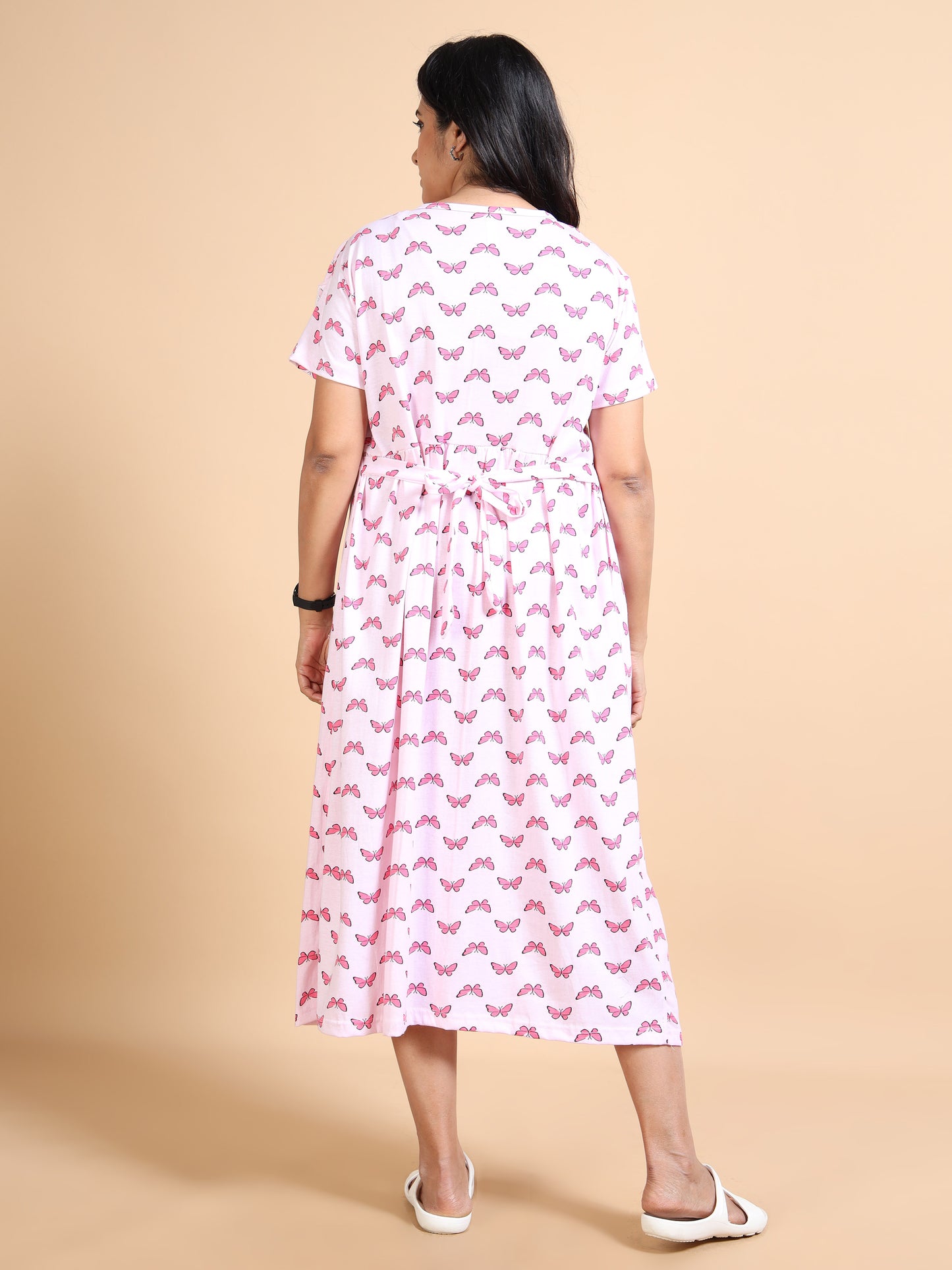 Zipless Feeding Maternity Gown with Attached Dupatta-Baby Pink with Pink Butterfly Print
