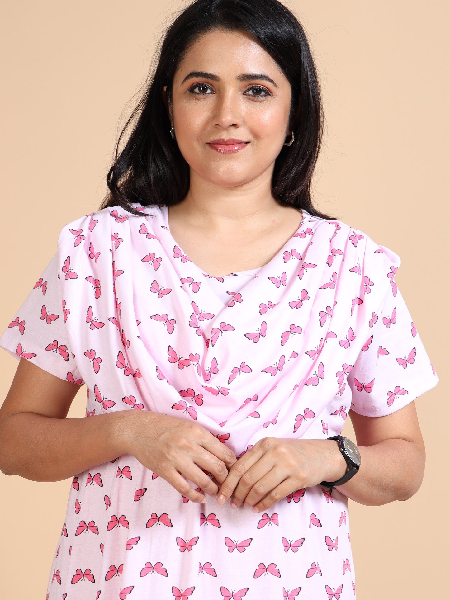 Zipless Feeding Maternity Gown with Attached Dupatta-Baby Pink with Pink Butterfly Print