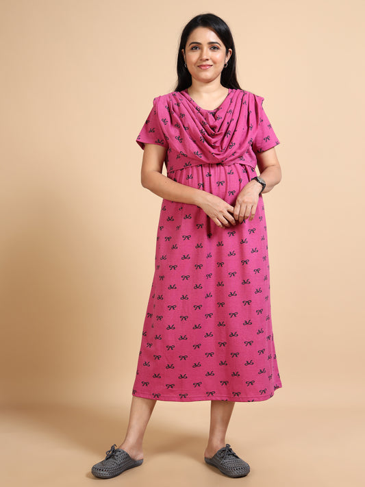 Zipless Feeding Maternity Gown with Attached Dupatta-Pink with Black Bow Print
