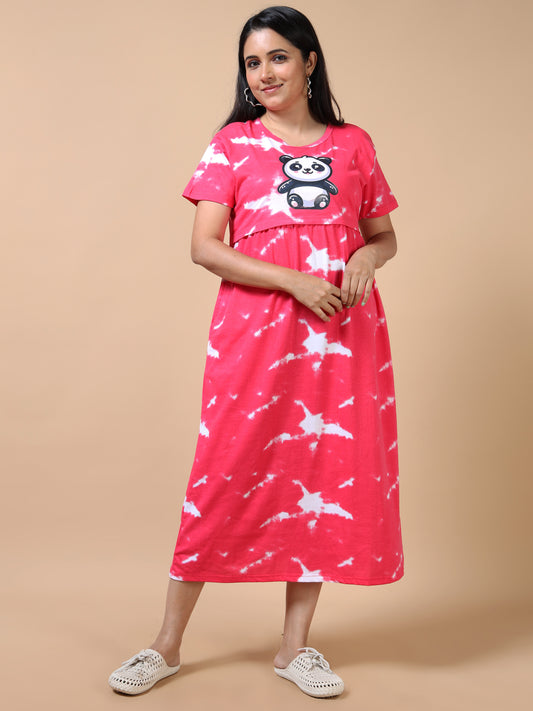 Zipless Feeding Maternity Dress –Hot Pink Tie-Dye with White Cloud-style patterns