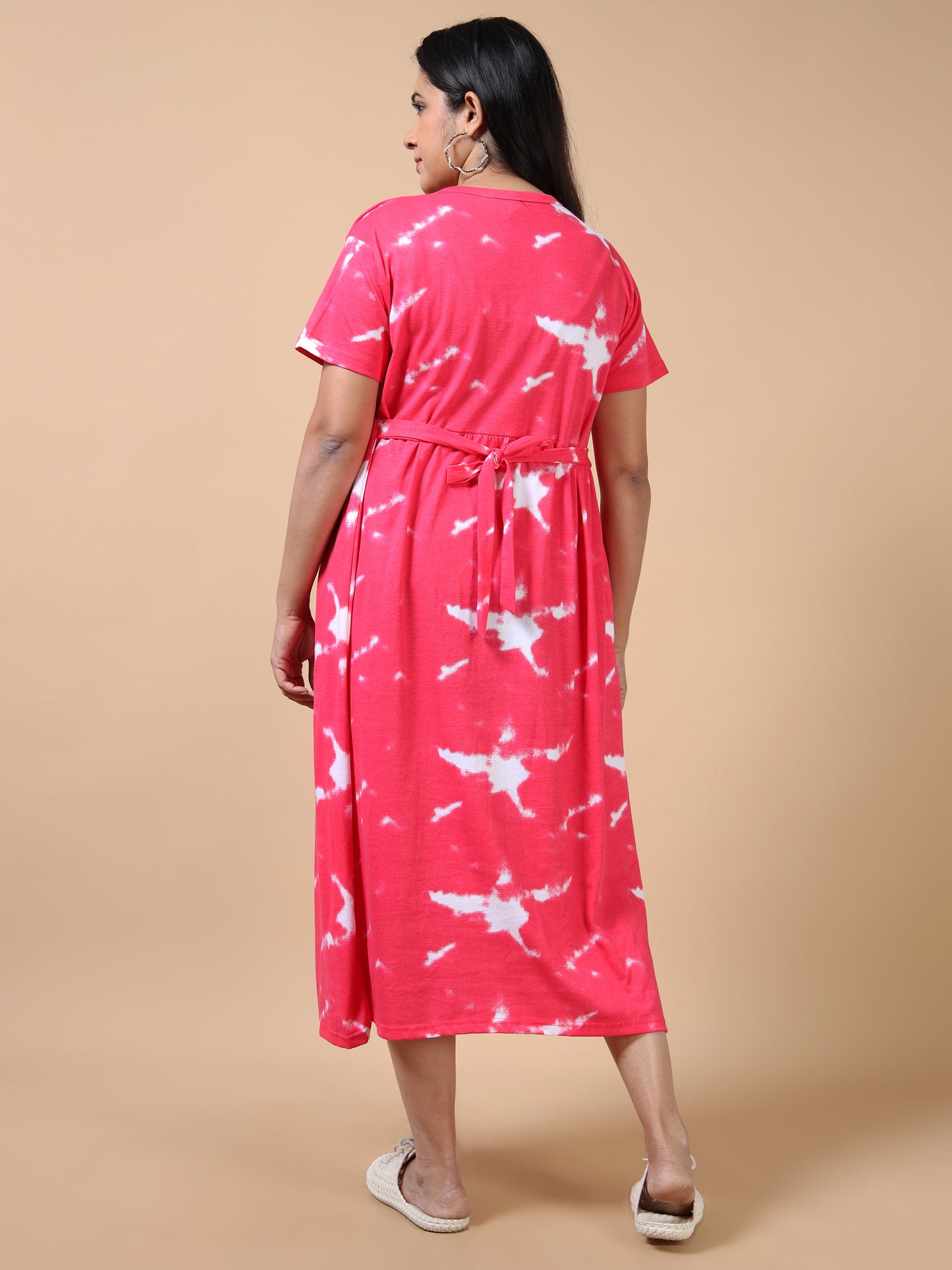Zipless Feeding Maternity Dress –Hot Pink Tie-Dye with White Cloud-style patterns