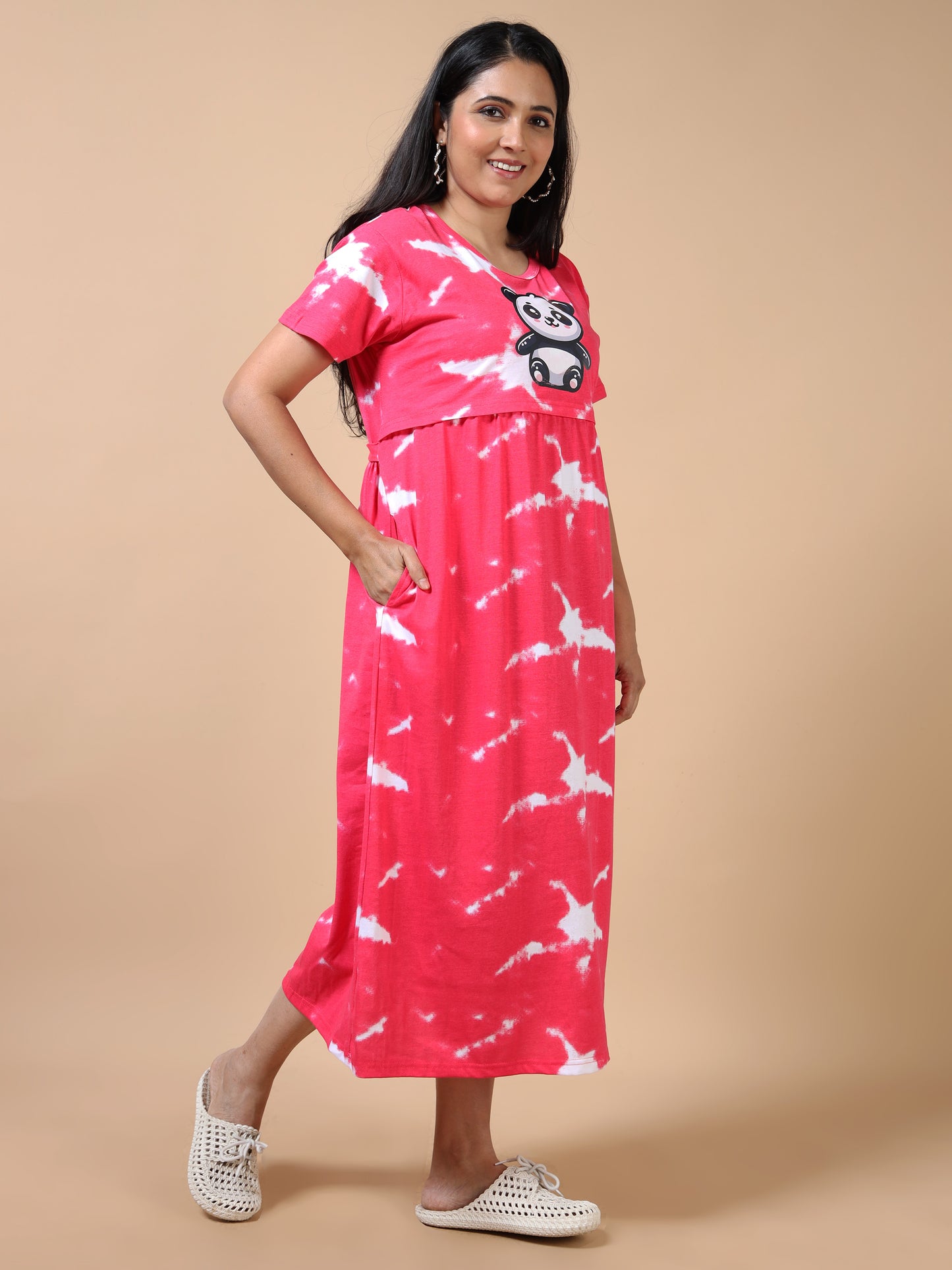 Zipless Feeding Maternity Dress –Hot Pink Tie-Dye with White Cloud-style patterns