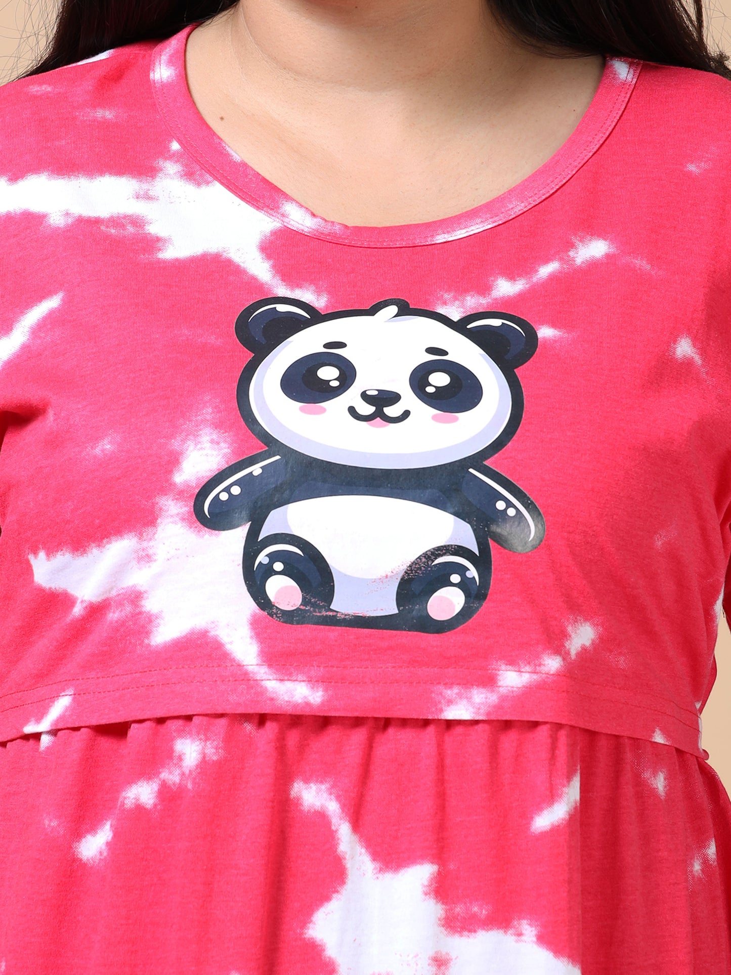 Zipless Feeding Maternity Dress –Hot Pink Tie-Dye with White Cloud-style patterns