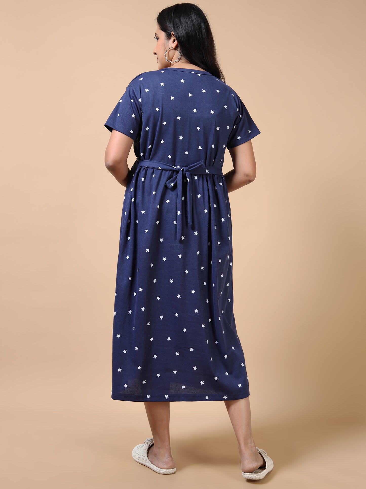 Zipless Feeding Maternity Dress –Navy Blue with White Star Print