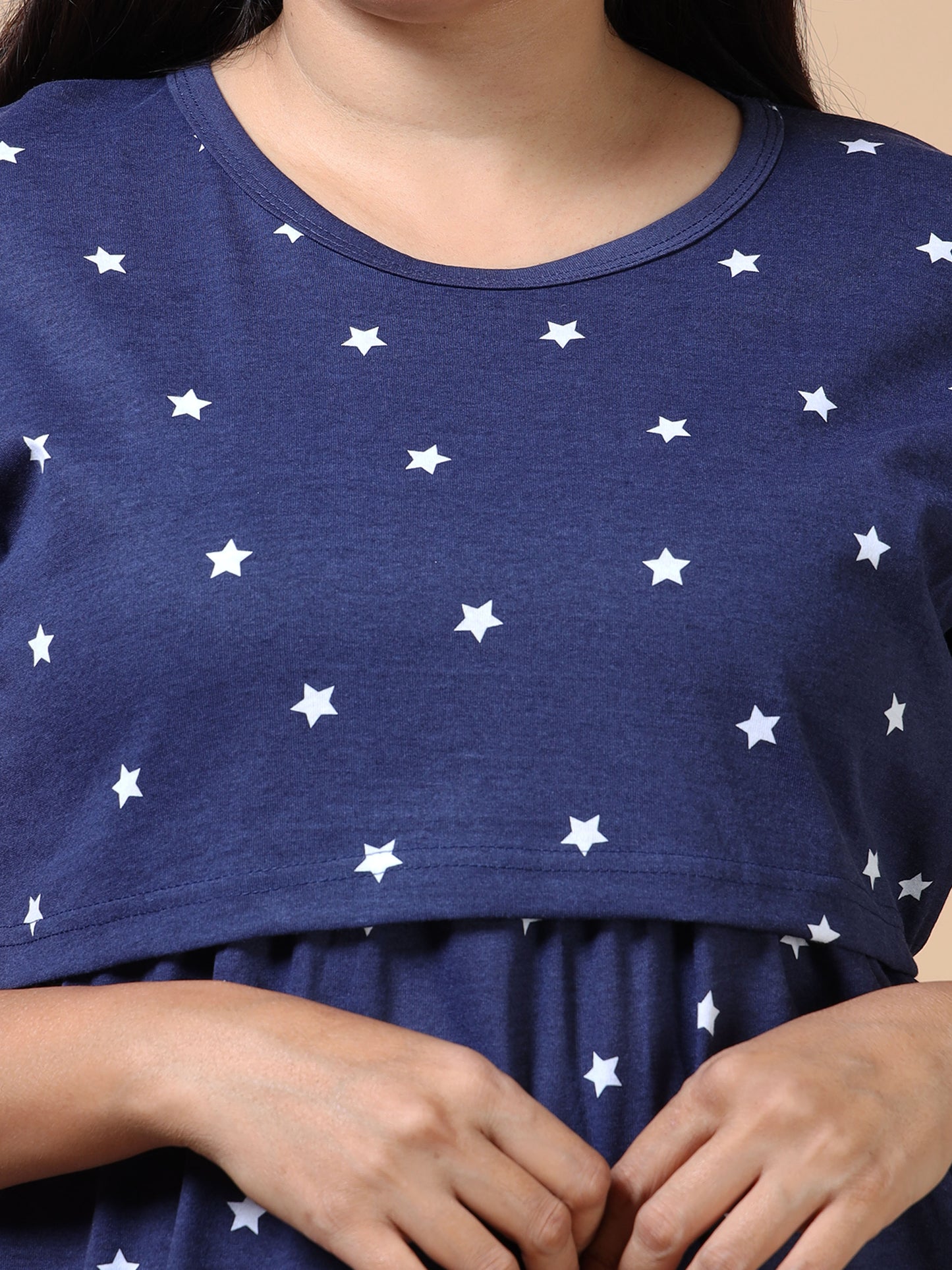 Zipless Feeding Maternity Dress –Navy Blue with White Star Print