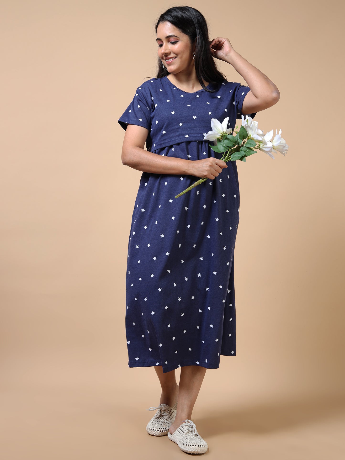 Zipless Feeding Maternity Dress –Navy Blue with White Star Print
