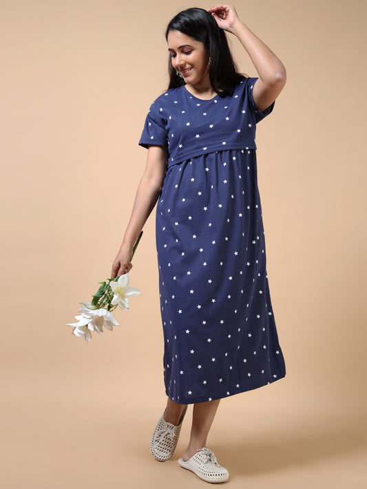 Zipless Feeding Maternity Dress –Navy Blue with White Star Print