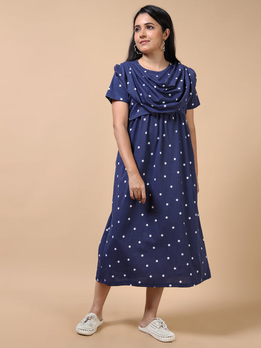 Zipless Feeding Maternity Gown with Attached Dupatta-Navy Blue with White Star Prints.