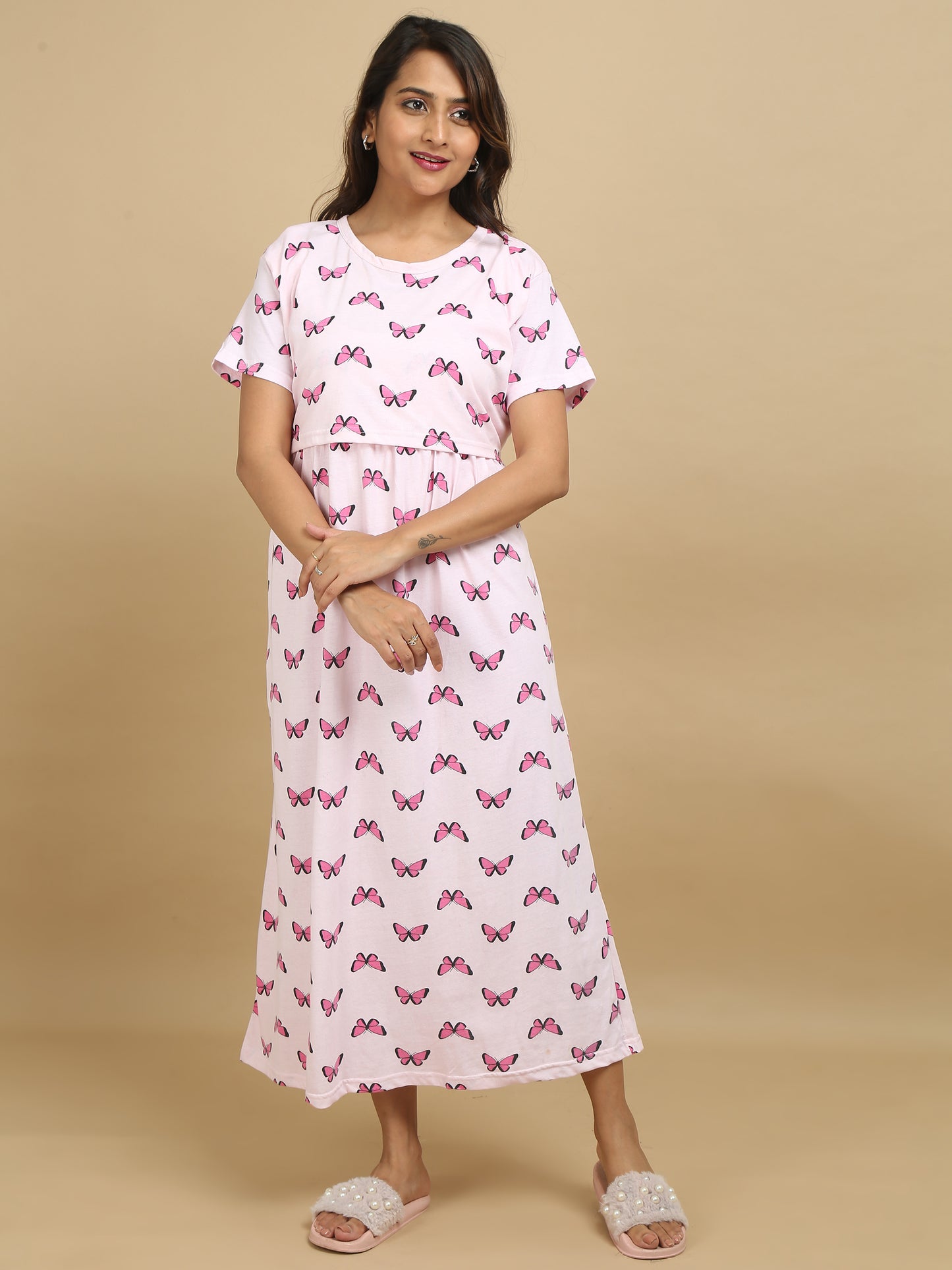 Zipless Feeding Maternity Dress –Baby Pink with Pink & Purple Butterfly Print