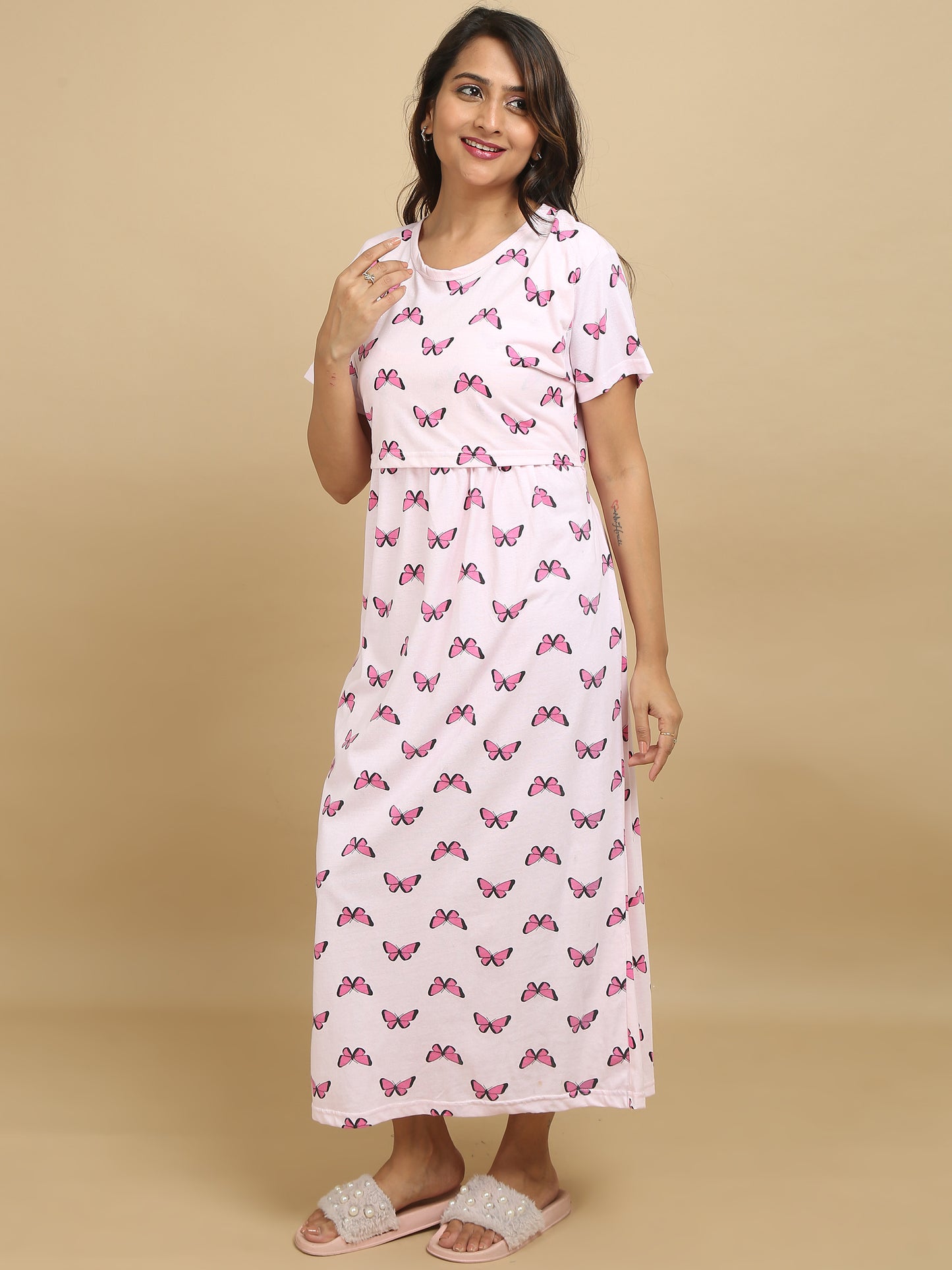 Zipless Feeding Maternity Dress –Baby Pink with Pink & Purple Butterfly Print