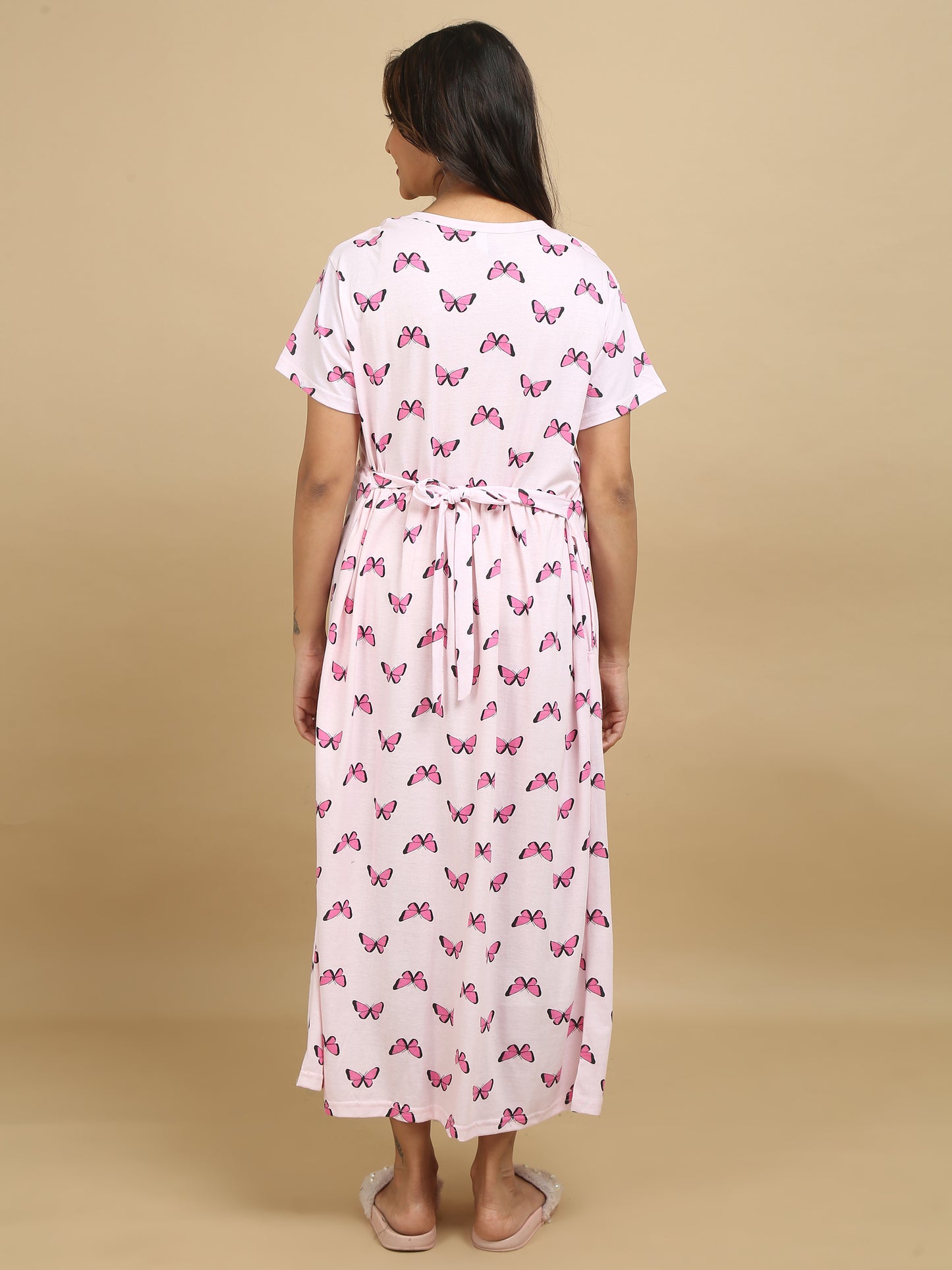 Zipless Feeding Maternity Dress –Baby Pink with Pink & Purple Butterfly Print
