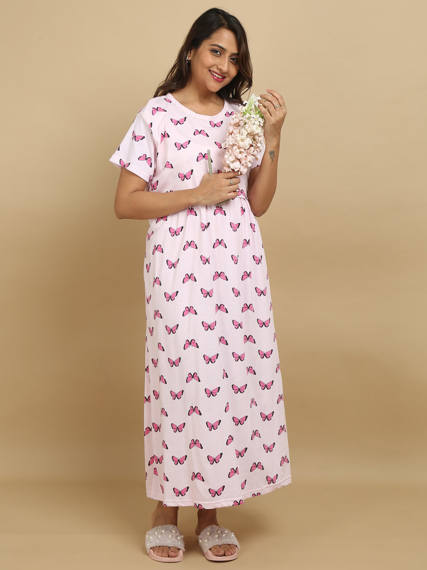 Zipless Feeding Maternity Dress –Baby Pink with Pink & Purple Butterfly Print