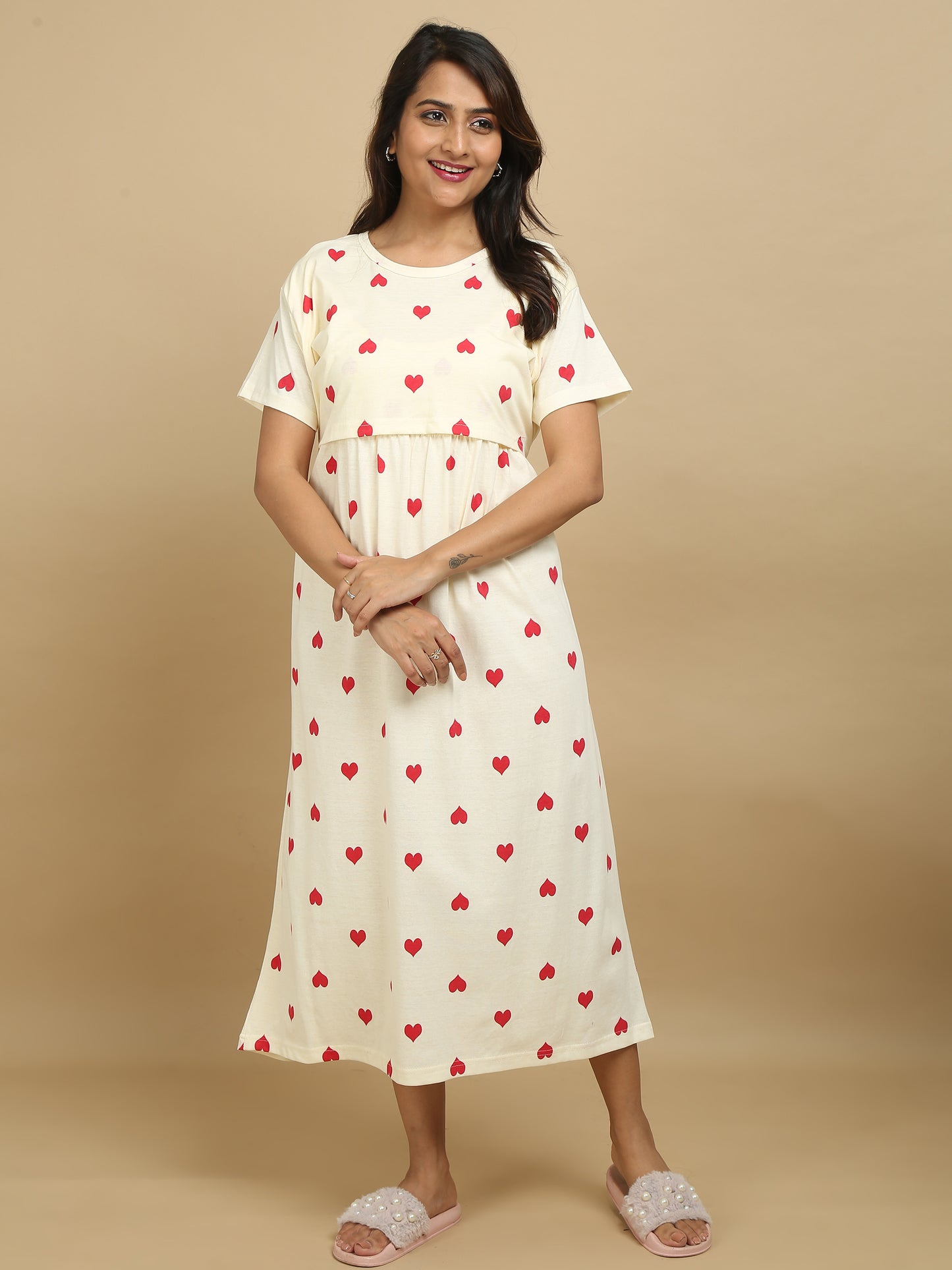 Zipless Feeding Maternity Dress –Cream with Red Hearts