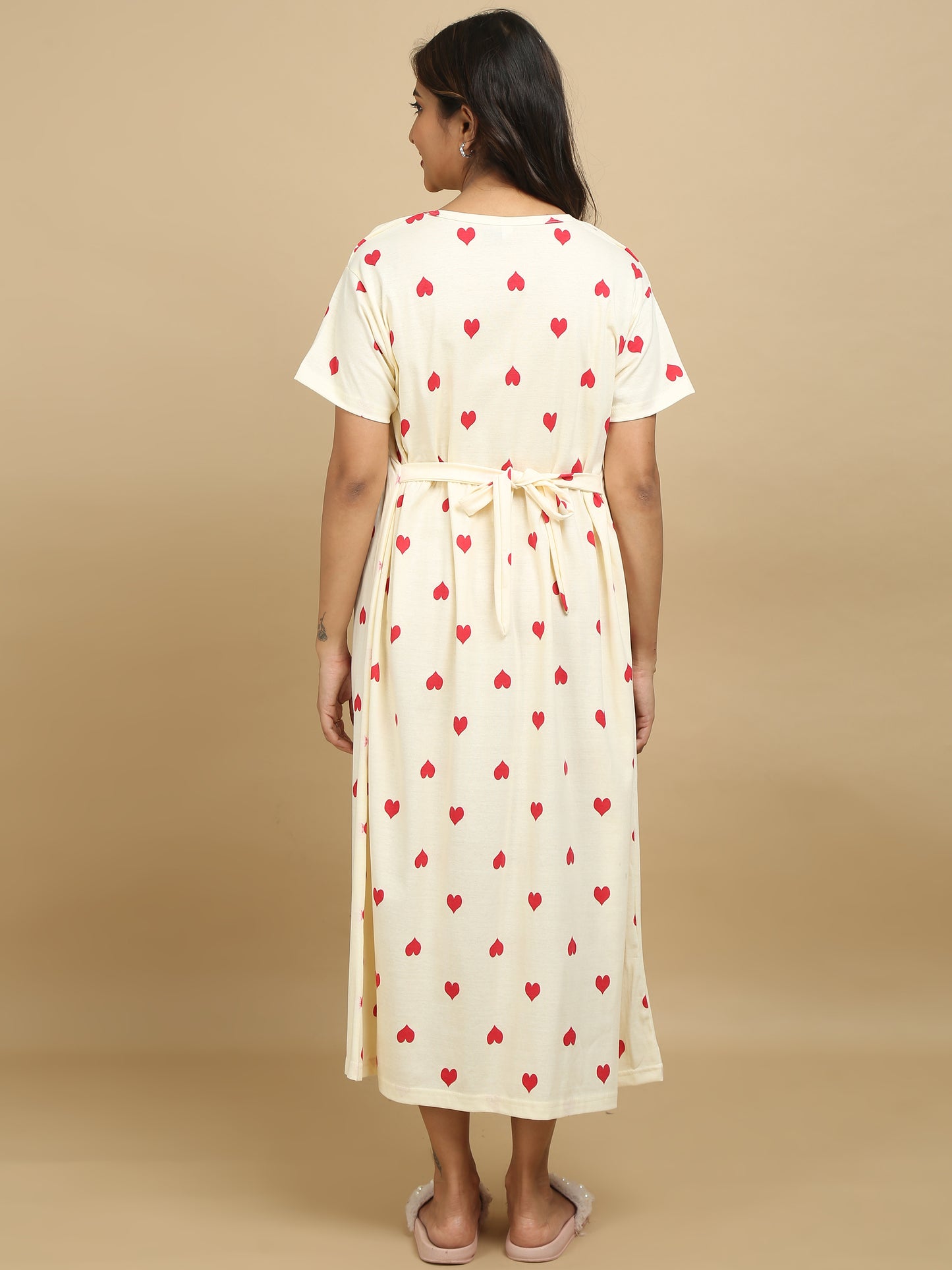 Zipless Feeding Maternity Dress –Cream with Red Hearts