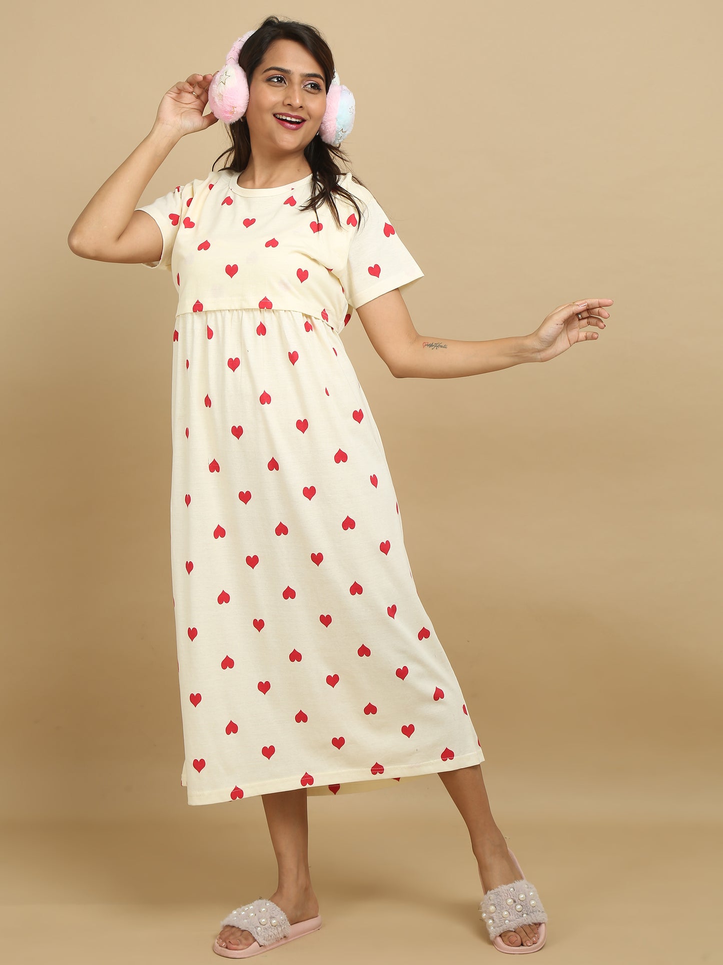 Zipless Feeding Maternity Dress –Cream with Red Hearts