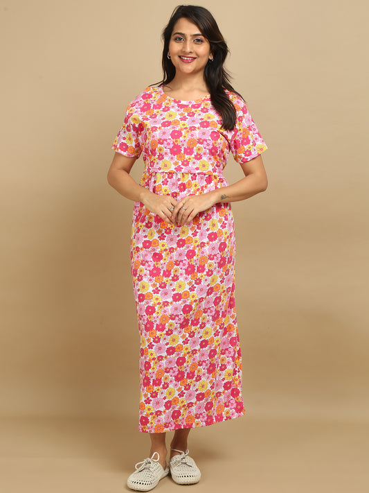 Zipless Feeding Maternity Dress –White with Pink, Yellow & Orange Floral