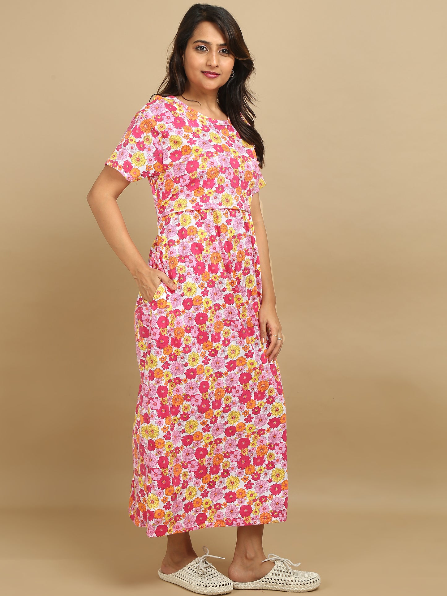 Zipless Feeding Maternity Dress –White with Pink, Yellow & Orange Floral