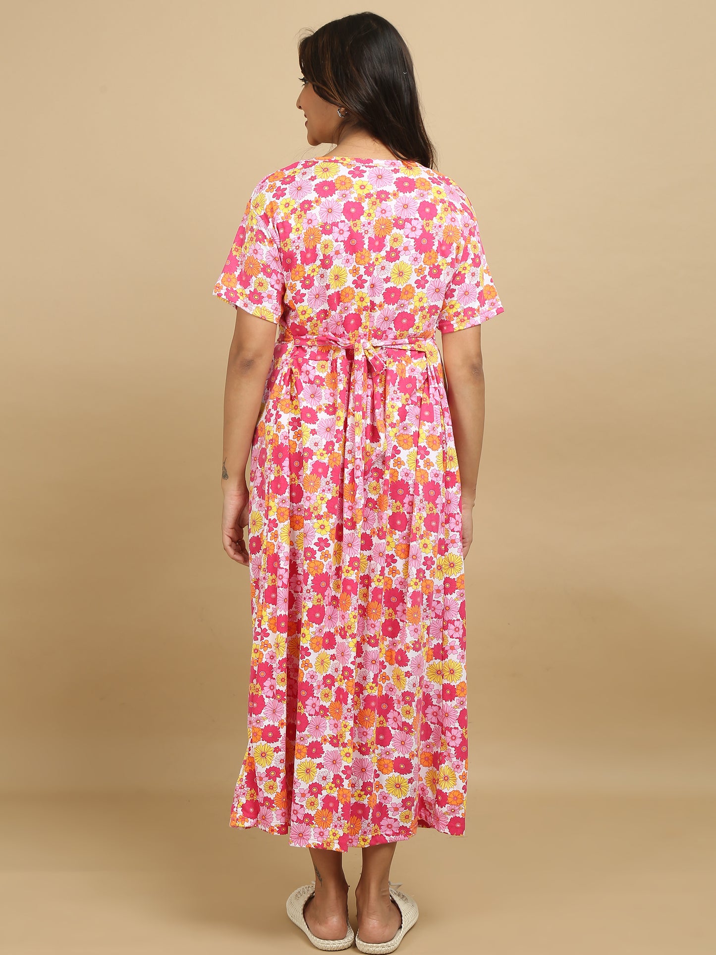 Zipless Feeding Maternity Dress –White with Pink, Yellow & Orange Floral