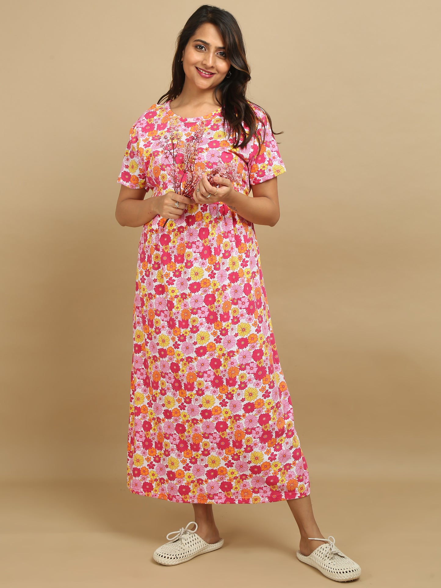 Zipless Feeding Maternity Dress –White with Pink, Yellow & Orange Floral