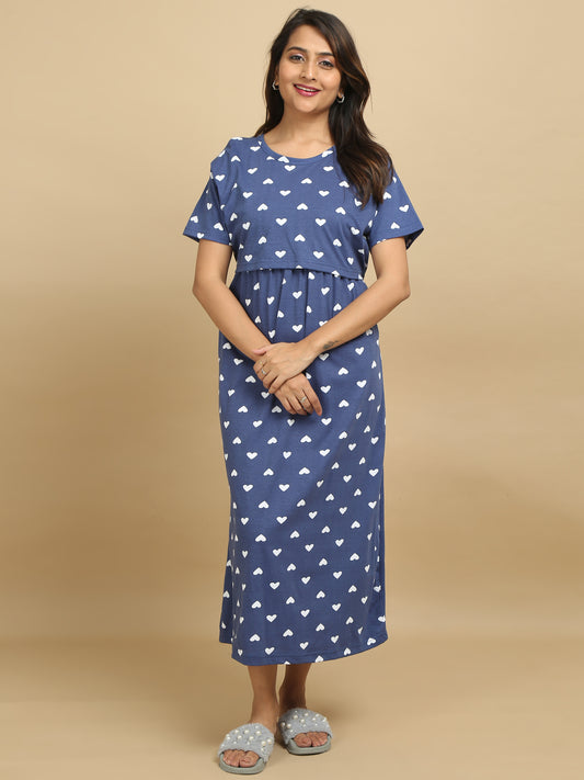 Zipless Feeding Maternity Dress –Denim Blue with White Heart Prints.