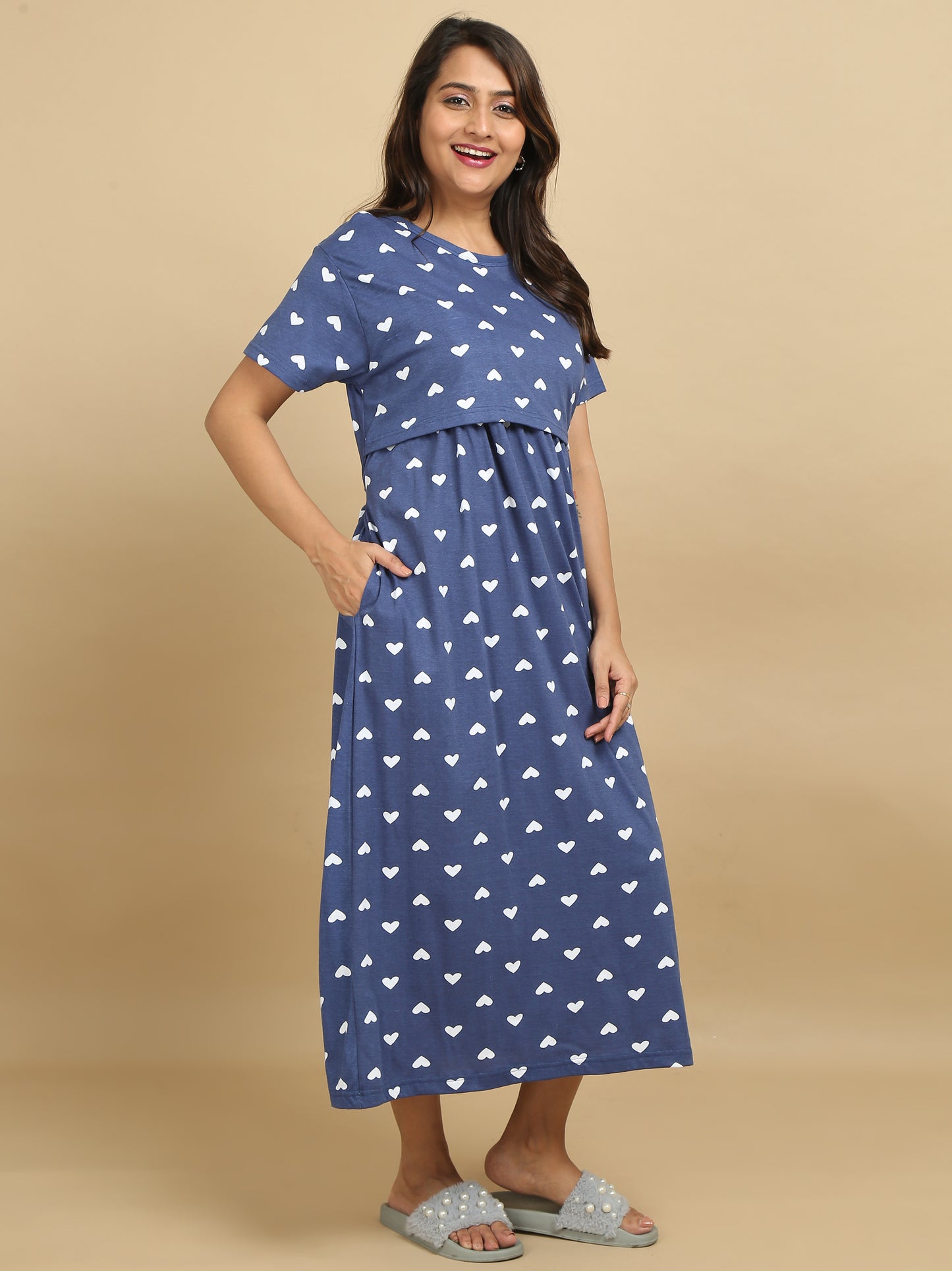 Zipless Feeding Maternity Dress –Denim Blue with White Heart Prints.