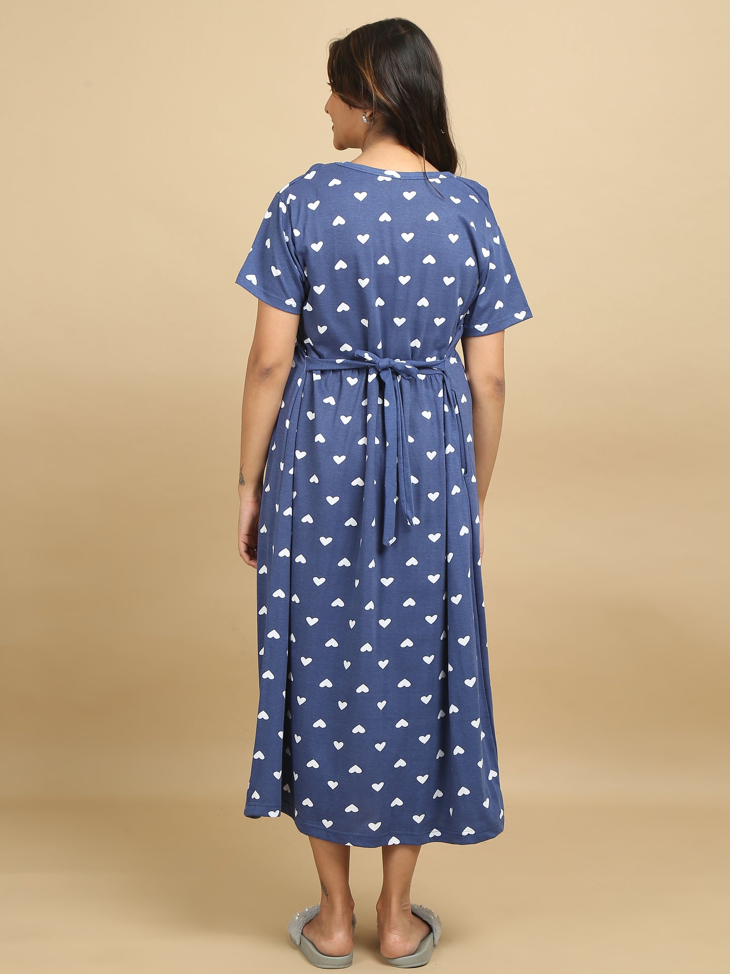 Zipless Feeding Maternity Dress –Denim Blue with White Heart Prints.