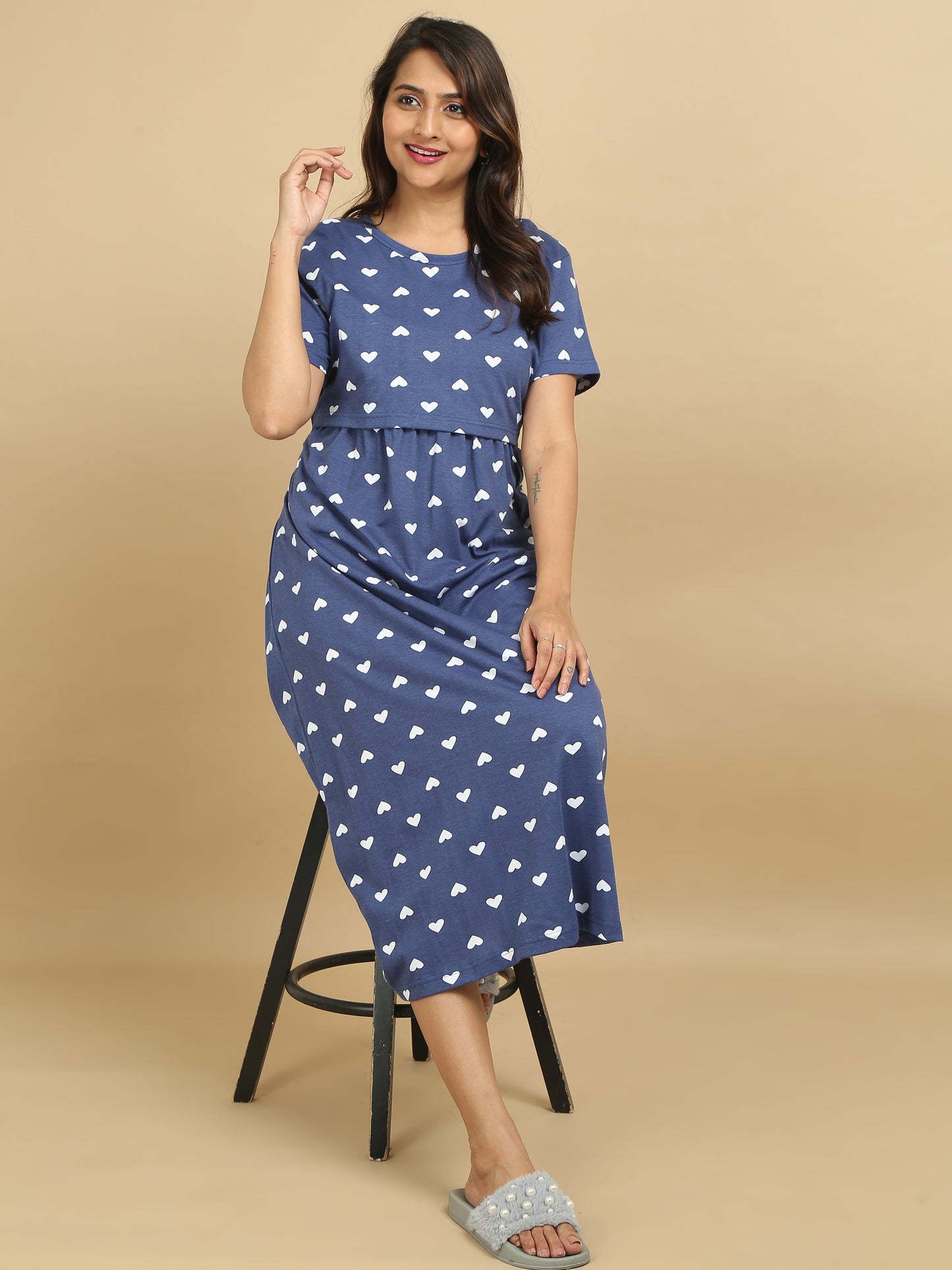 Zipless Feeding Maternity Dress –Denim Blue with White Heart Prints.