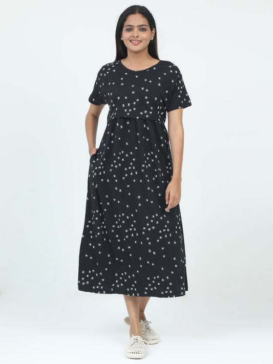 Zipless Feeding Maternity Dress –Solid Black with White Star Prints.