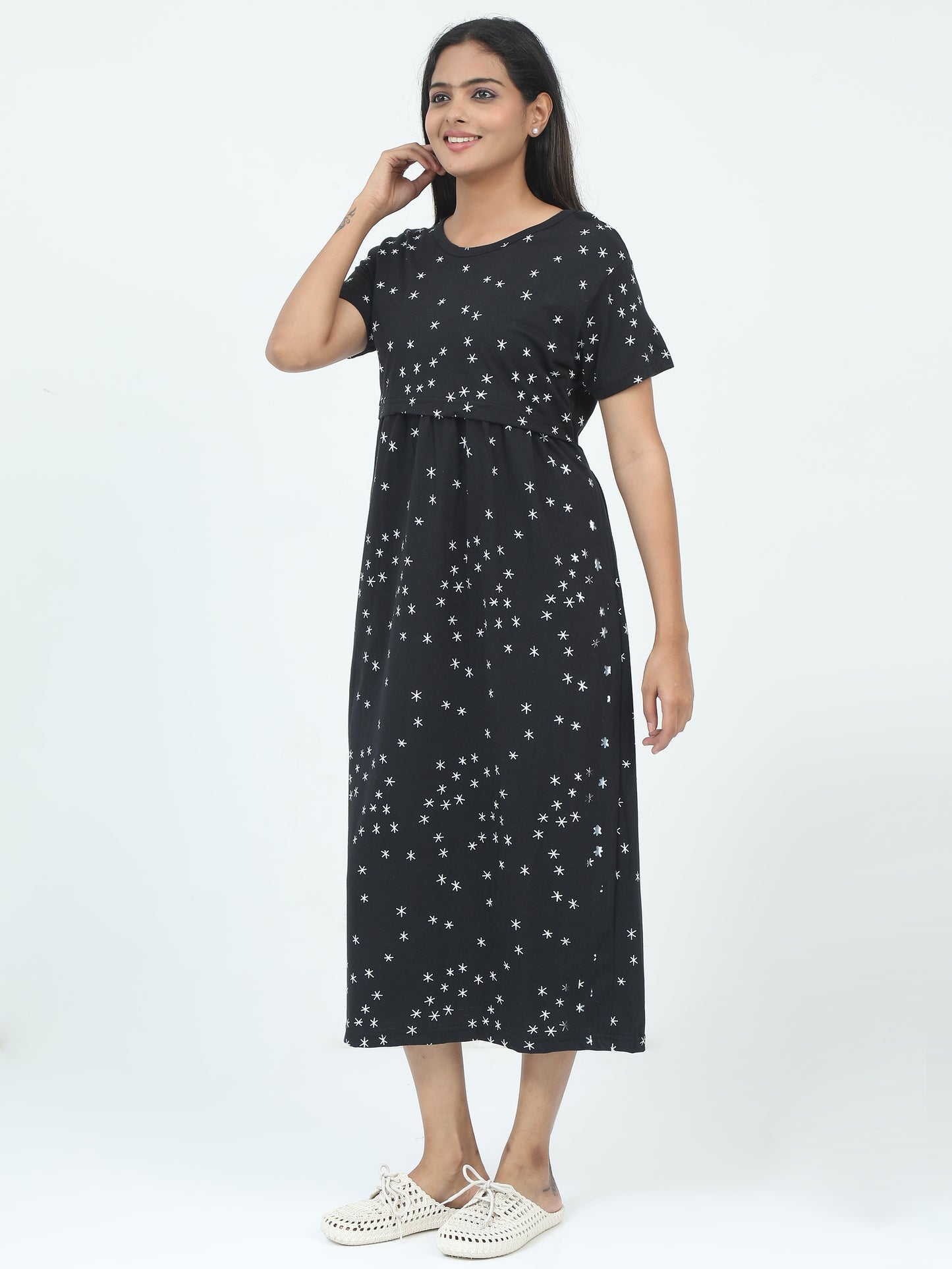 Zipless Feeding Maternity Dress –Solid Black with White Star Prints.