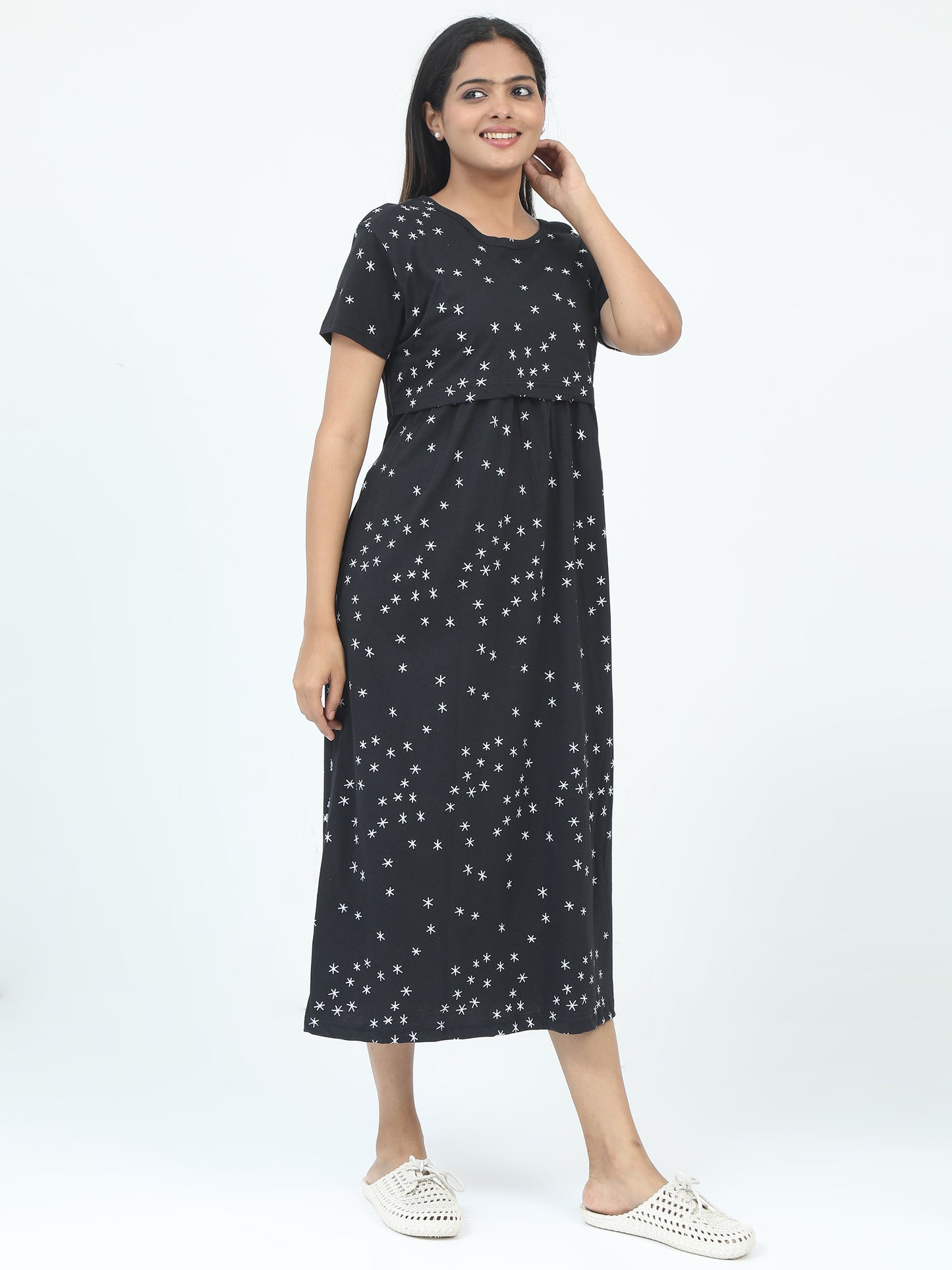 Zipless Feeding Maternity Dress –Solid Black with White Star Prints.