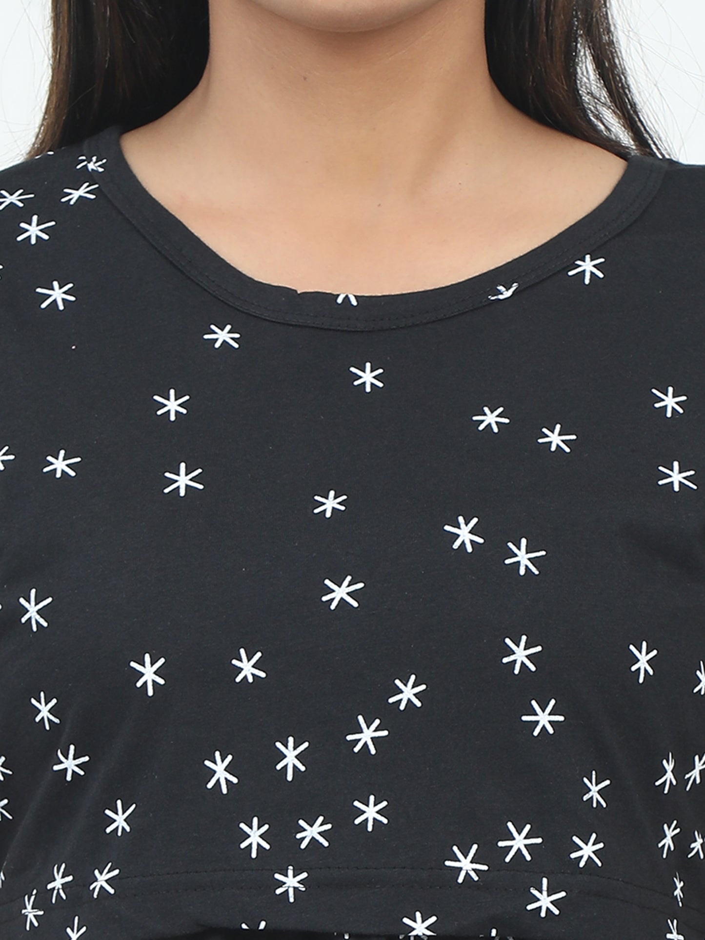 Zipless Feeding Maternity Dress –Solid Black with White Star Prints.