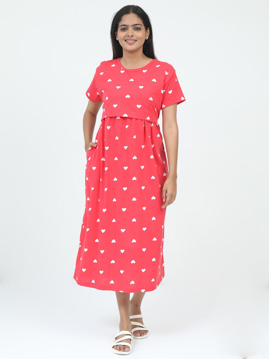 Zipless Feeding Maternity Dress –Bright Coral Pink with White