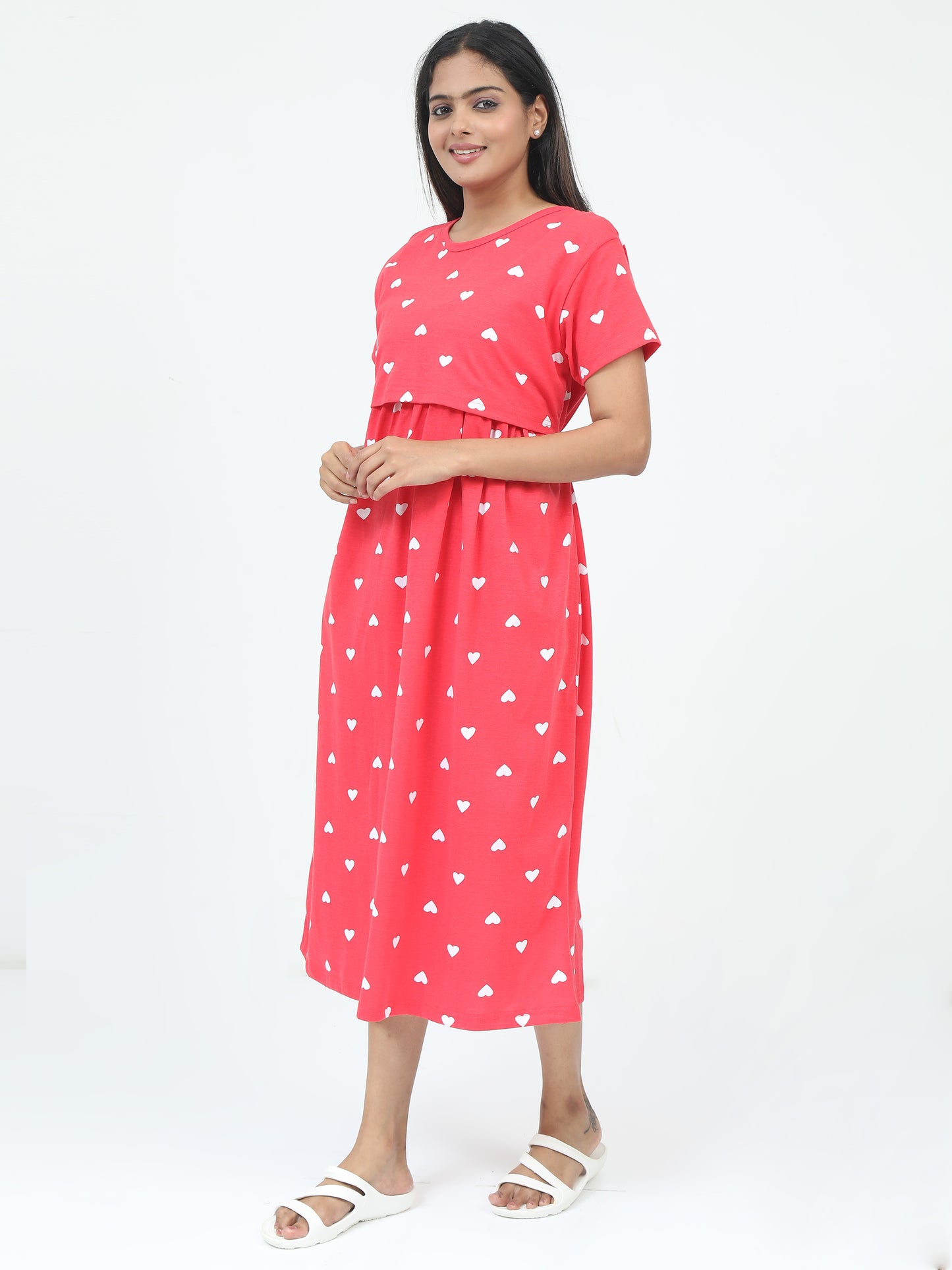 Zipless Feeding Maternity Dress –Bright Coral Pink with White