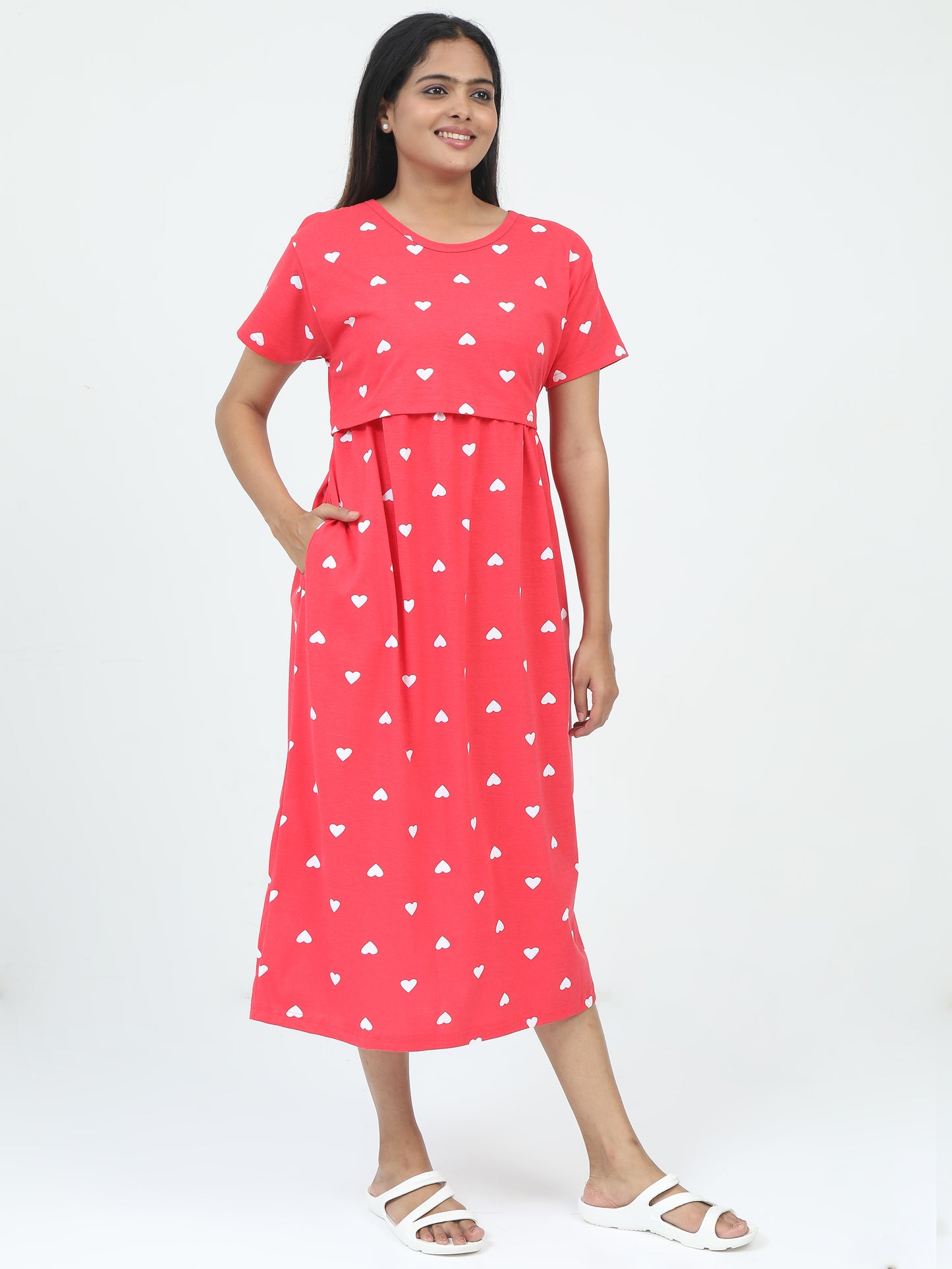 Zipless Feeding Maternity Dress –Bright Coral Pink with White