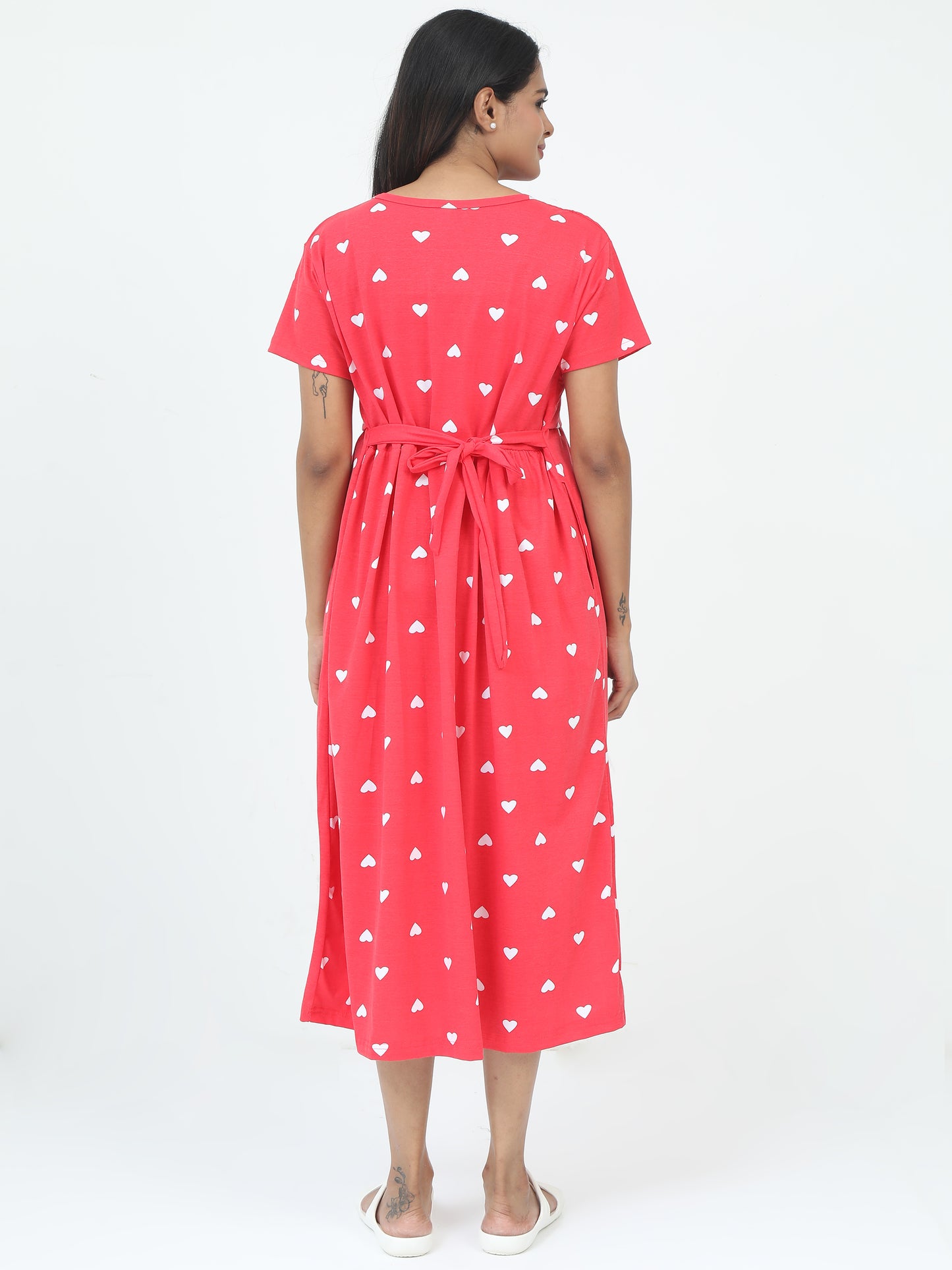 Zipless Feeding Maternity Dress –Bright Coral Pink with White