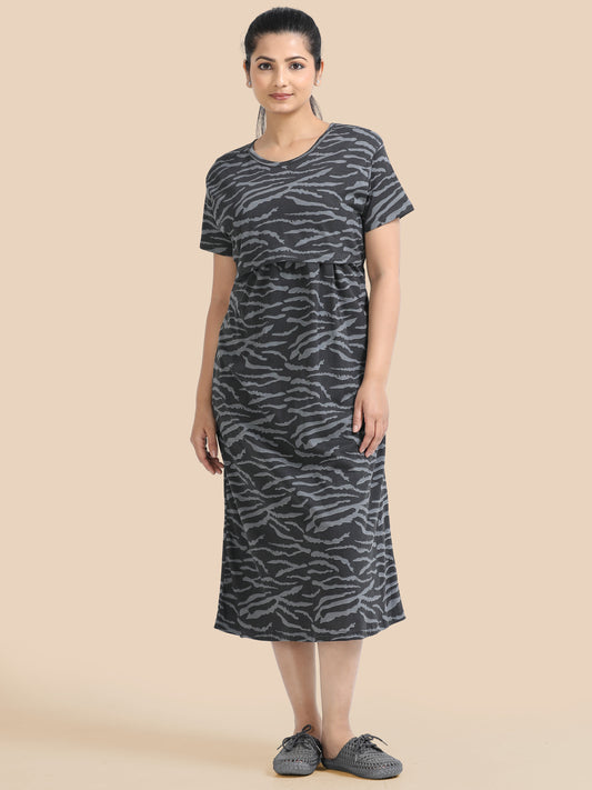 Zipless Feeding Maternity Dress –Charcoal Grey with Light Grey Print