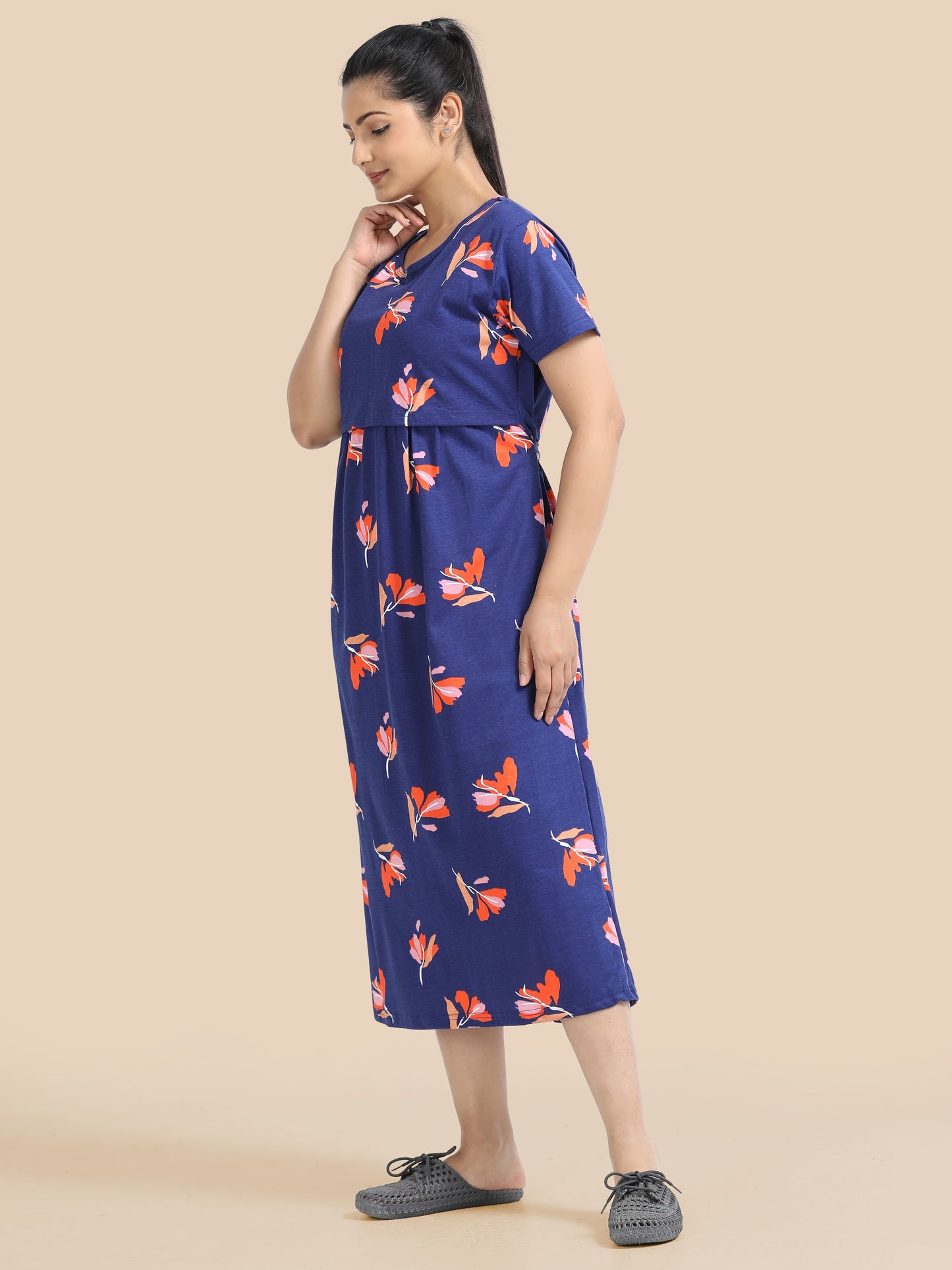 Zipless Feeding Maternity Dress –Navy Blue with Orange & Pink Floral