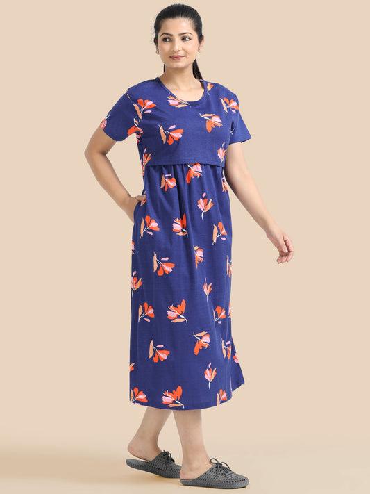 Zipless Feeding Maternity Dress –Navy Blue with Orange & Pink Floral