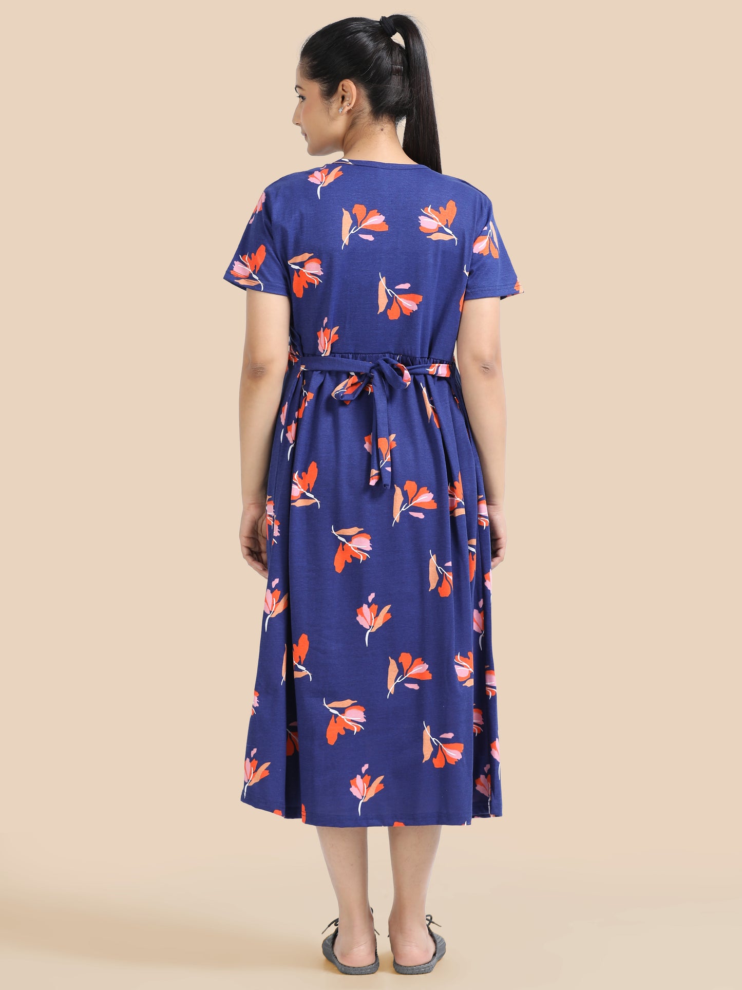 Zipless Feeding Maternity Dress –Navy Blue with Orange & Pink Floral