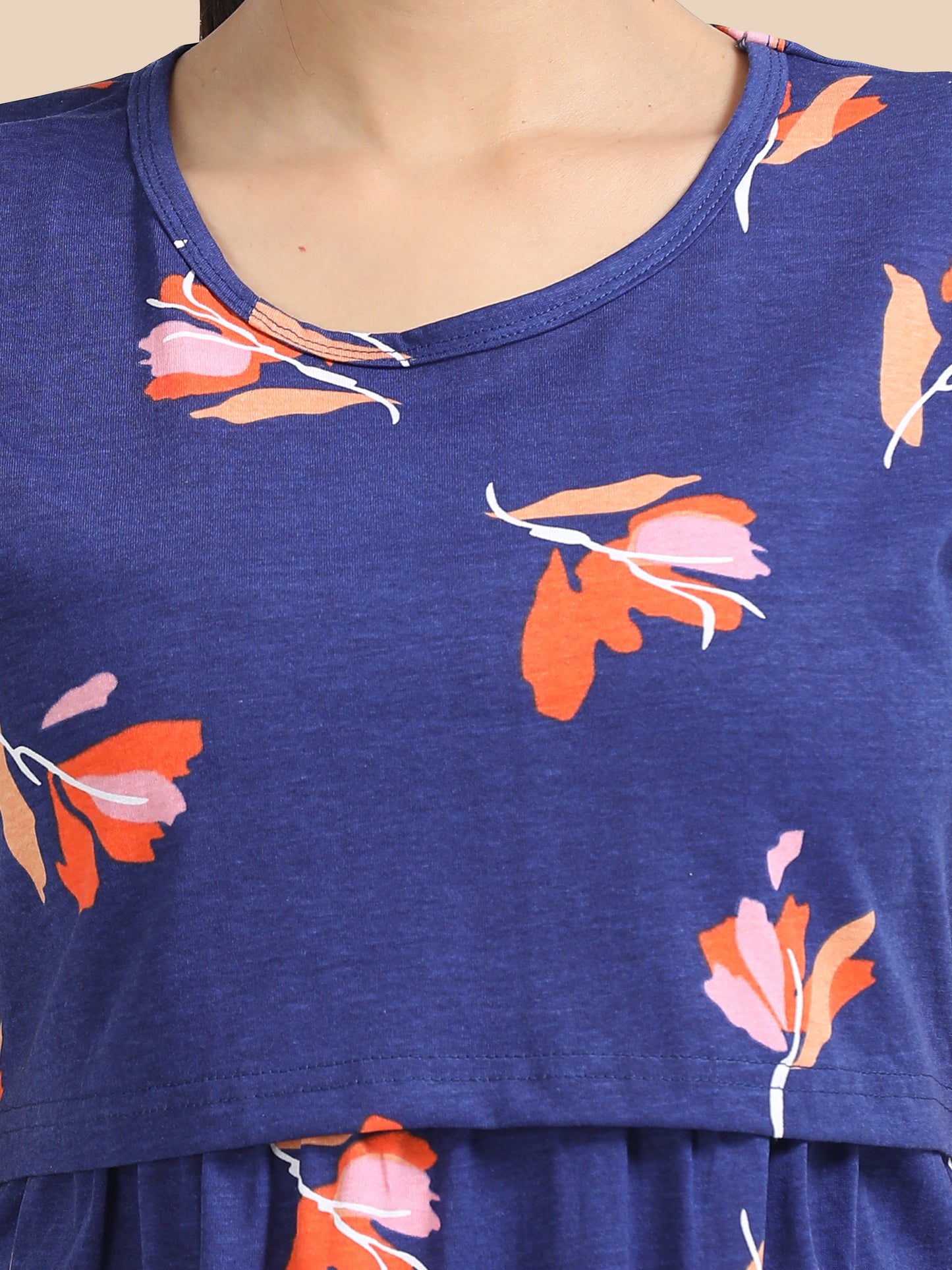Zipless Feeding Maternity Dress –Navy Blue with Orange & Pink Floral