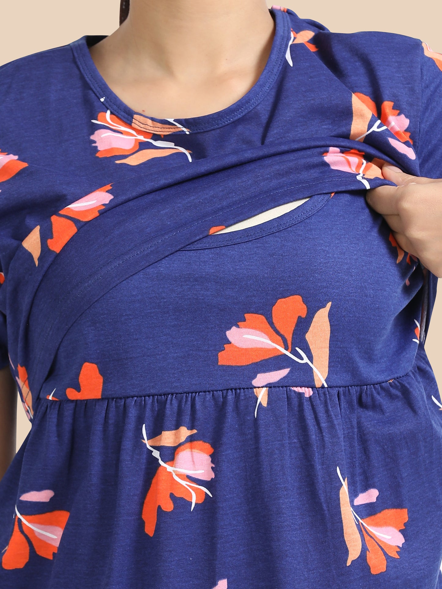 Zipless Feeding Maternity Dress –Navy Blue with Orange & Pink Floral