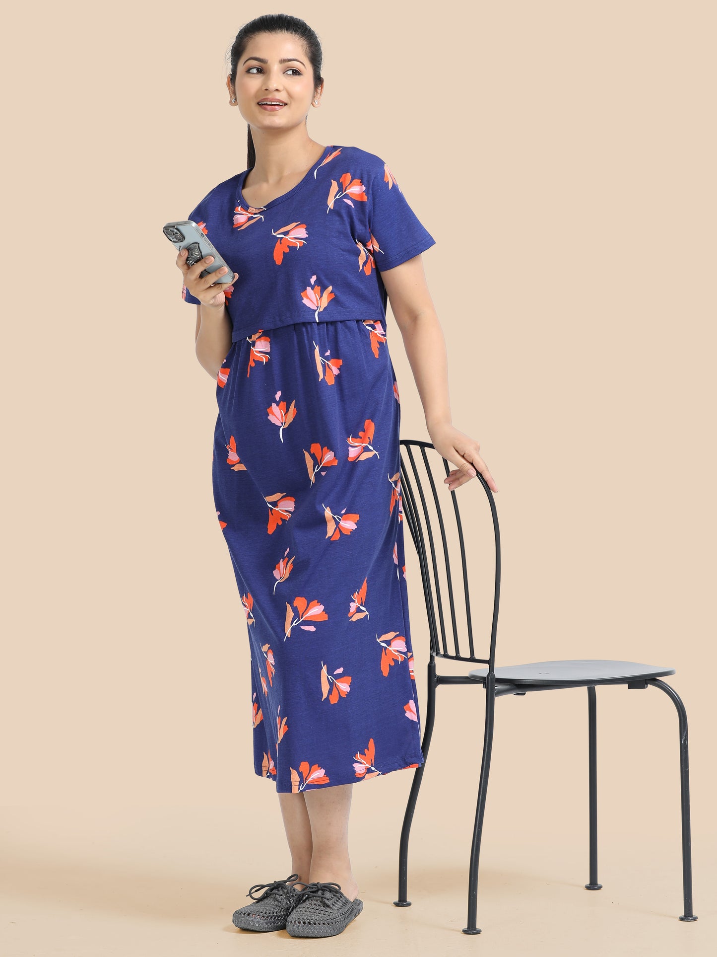 Zipless Feeding Maternity Dress –Navy Blue with Orange & Pink Floral