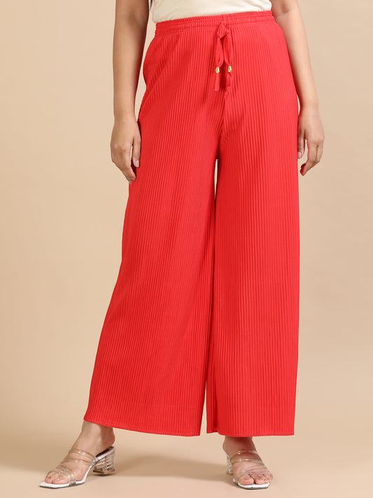 Red Solid Pleated Wide-Leg Palazzo Pants