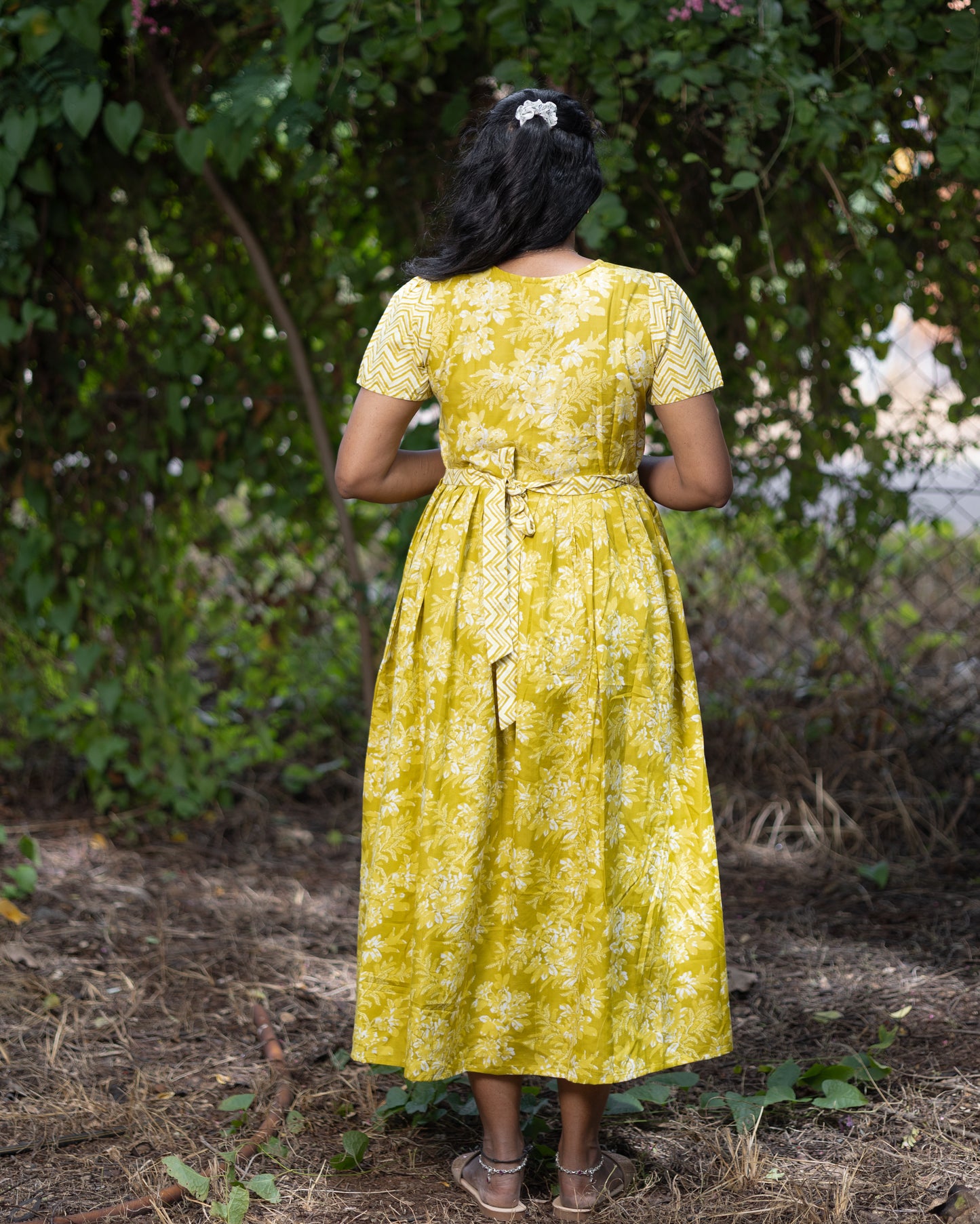 Feeding Women's Maxi Nighty – Full-Length Nightwear-Mustard Yellow with White Floral