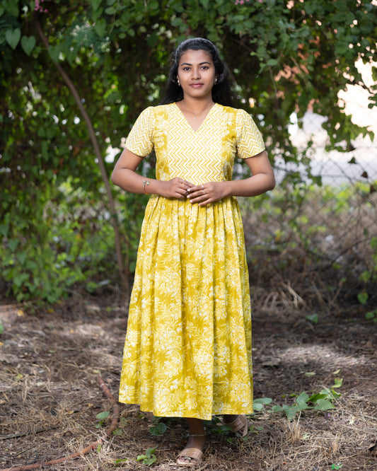 Feeding Women's Maxi Nighty – Full-Length Nightwear-Mustard Yellow with White Floral