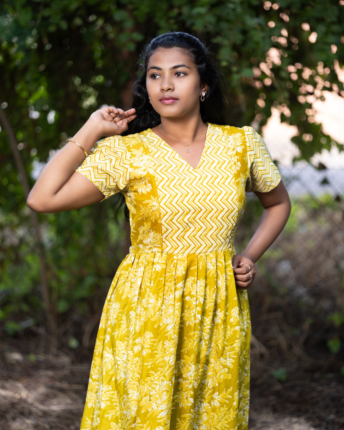 Feeding Women's Maxi Nighty – Full-Length Nightwear-Mustard Yellow with White Floral